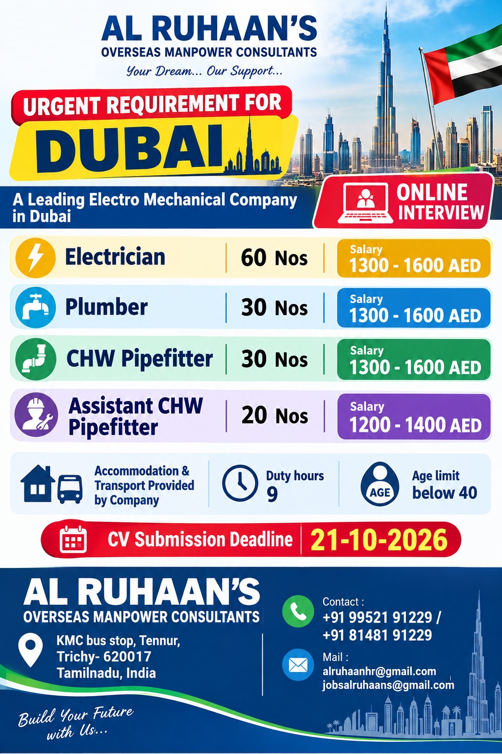 Urgent Requirement for Dubai - Electro Mechanical Company — AL RUHAAN OVERSEAS MANPOWER CONSULTANTS, United Arab Emirates