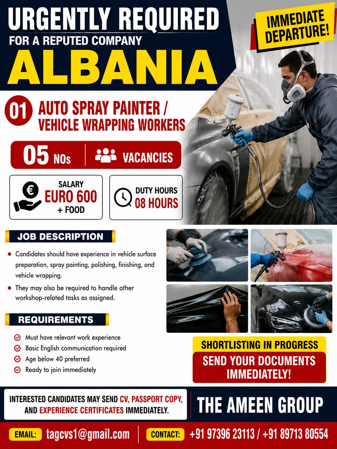 URGENTLY REQUIRED AUTO-SPRAY PAINTER FOR A REPUTED COMPANY – ALBANIA — The Ameen Group, Albania