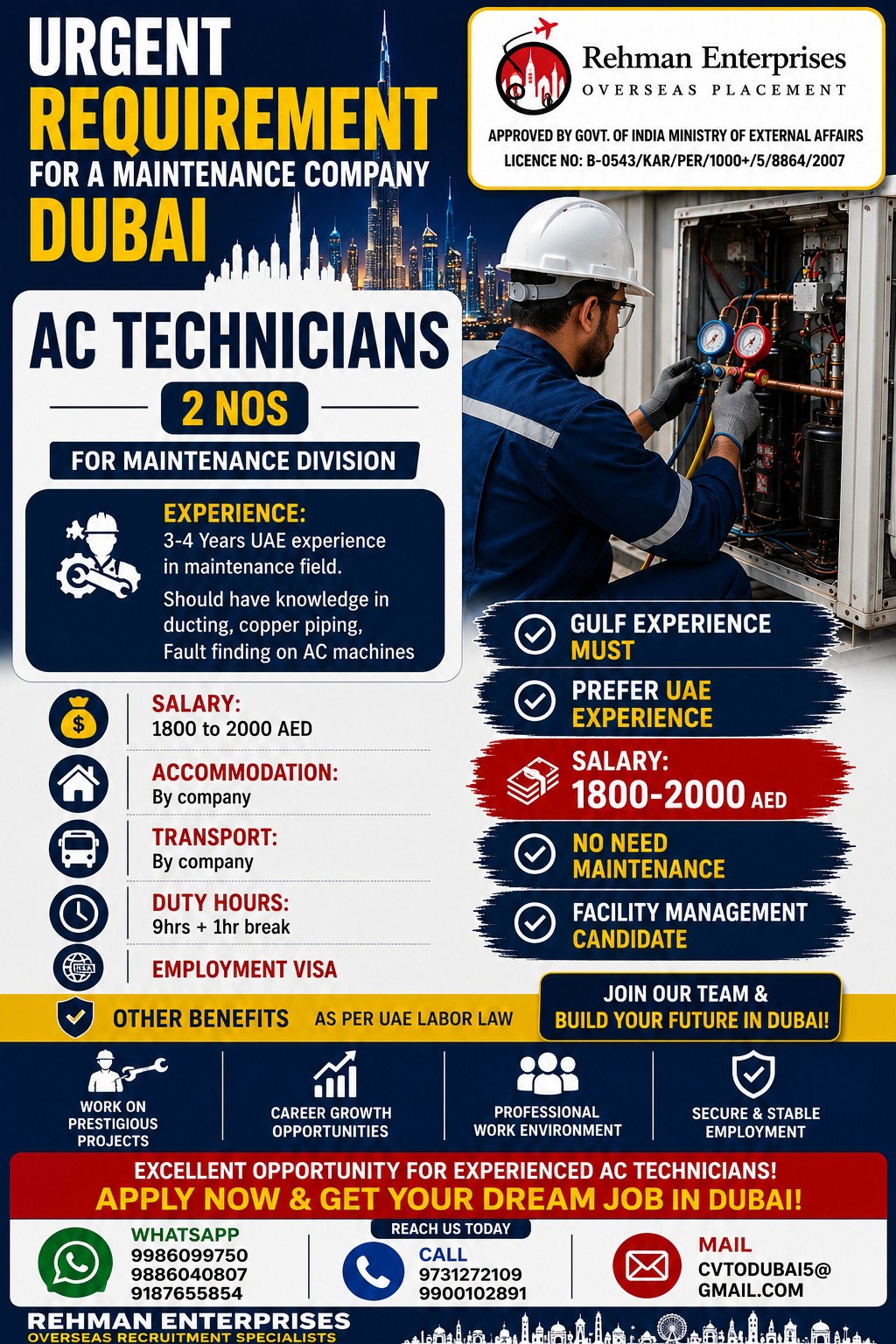 AC Technicians for Maintenance Division