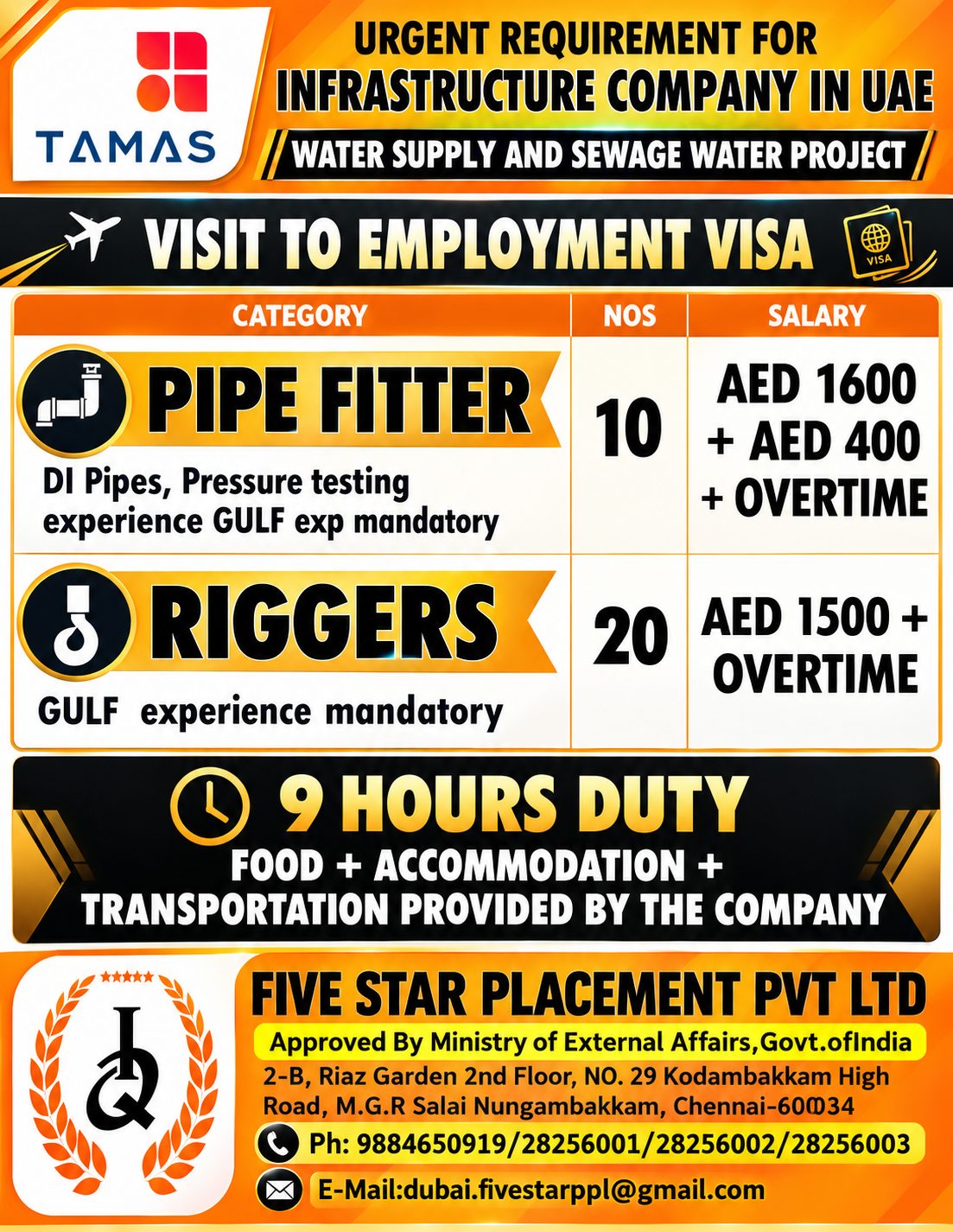 URGENT REQUIREMENT FOR INFRASTRUCTURE COMPANY IN UAE — Five Star Placement Pvt Ltd, UAE, UAE