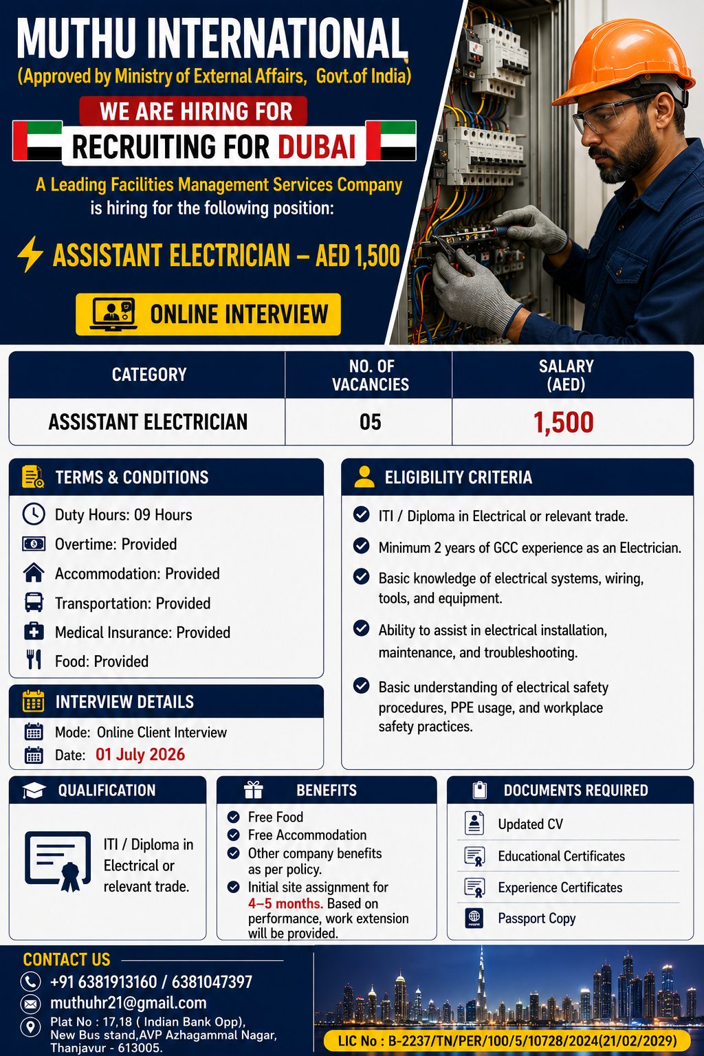 Assistant Electricians — MUTHU INTERNATIONAL, DUBAI, DUBAI
