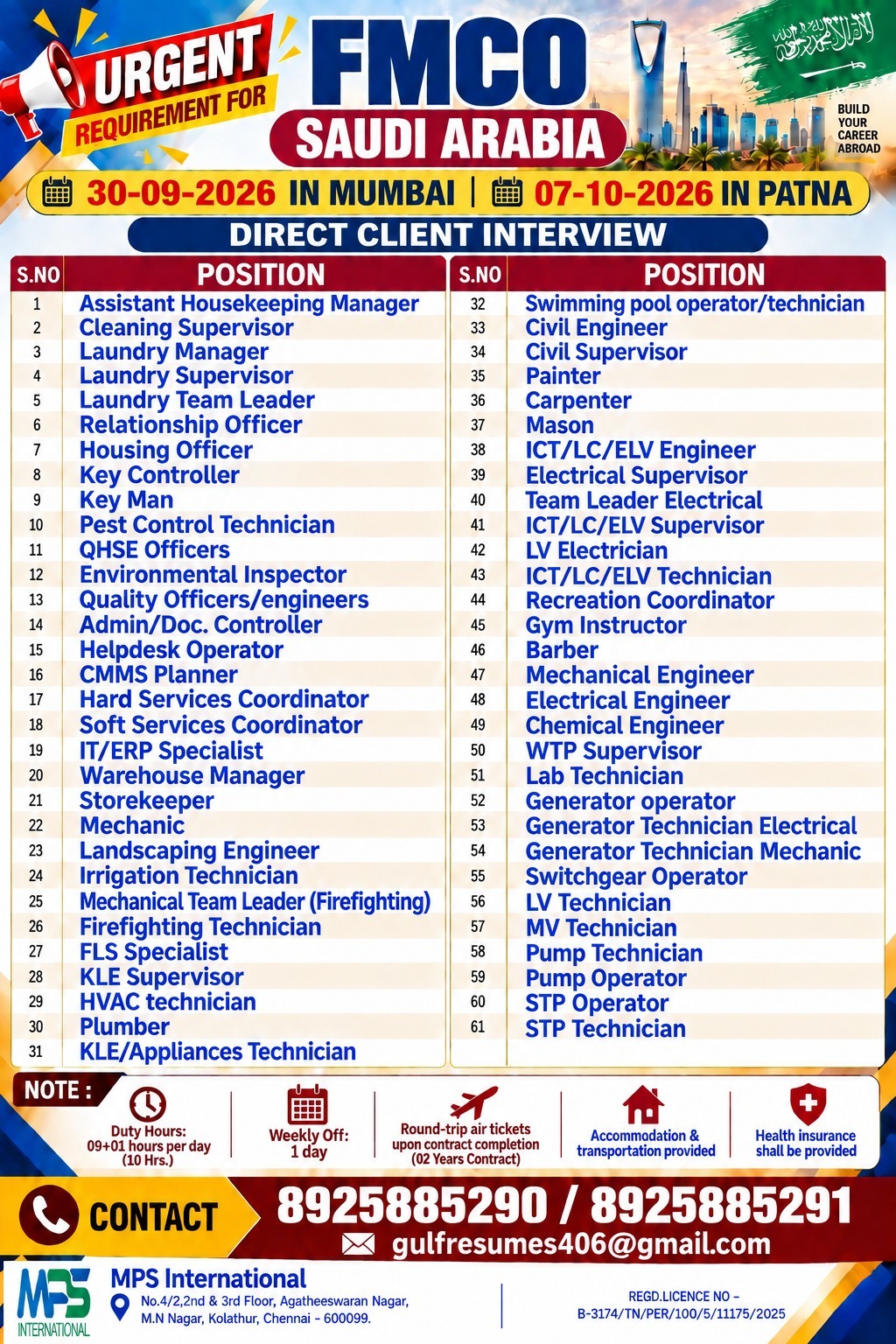 Urgent Requirement for FMCO Saudi Arabia