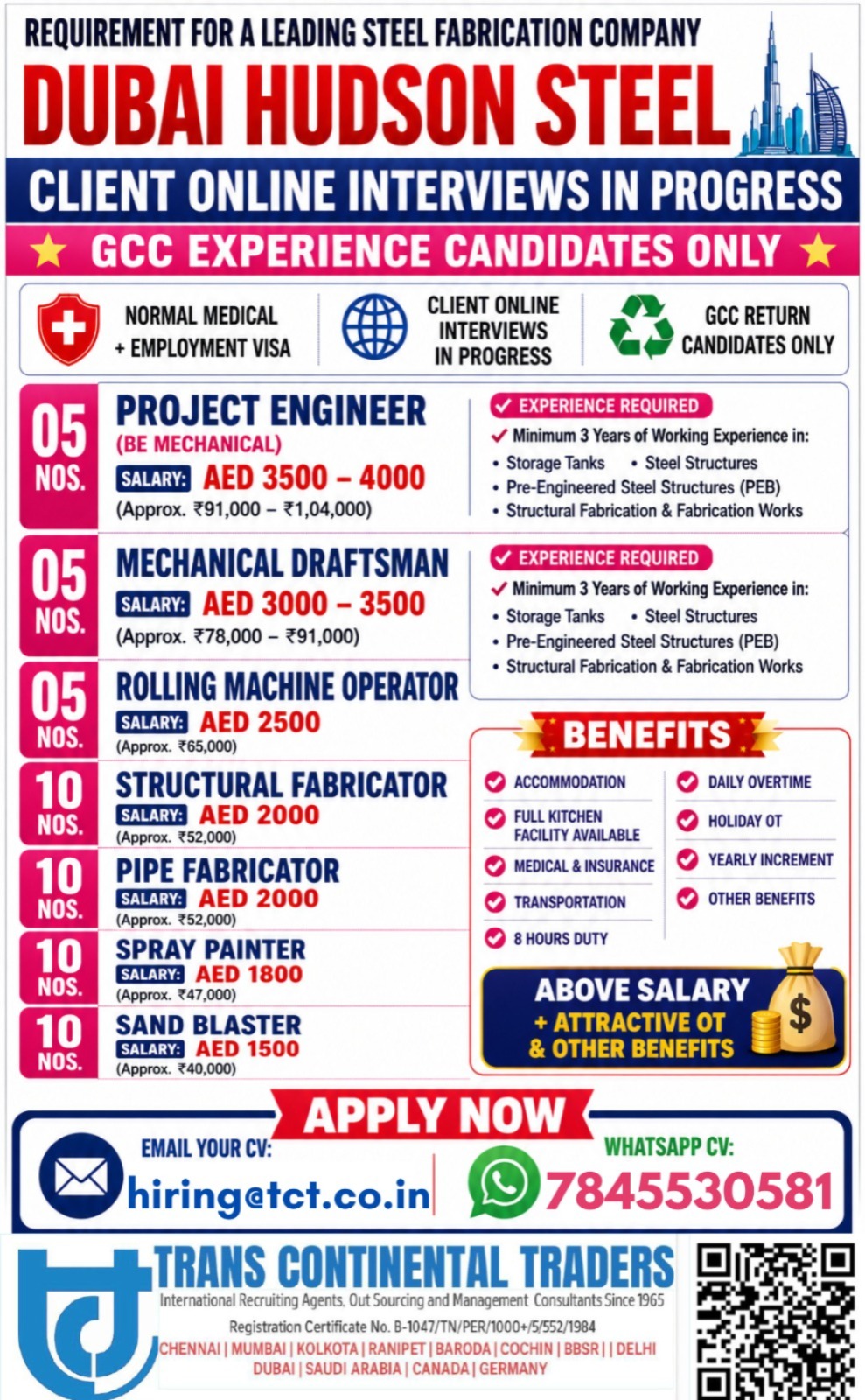 HIRING FOR HUDSON STEEL FABRICATION PROJECT | CLIENT ONLINE INTERVIEWS IN PROGRESS THIS JULY 2026 CALL FOR MORE DETAILS 9791553048 — Trans Continental Traders, UAE