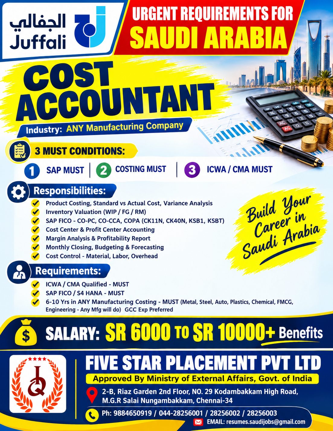 URGENT REQUIREMENT FOR COST ACCOUNTANT SAUDI ARABIA