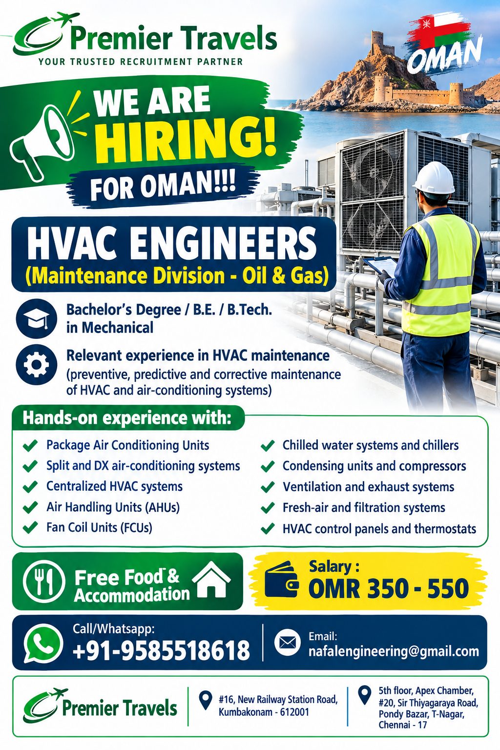 We are hiring for Oman HVAC Engineers — Premier Travels, OMAN