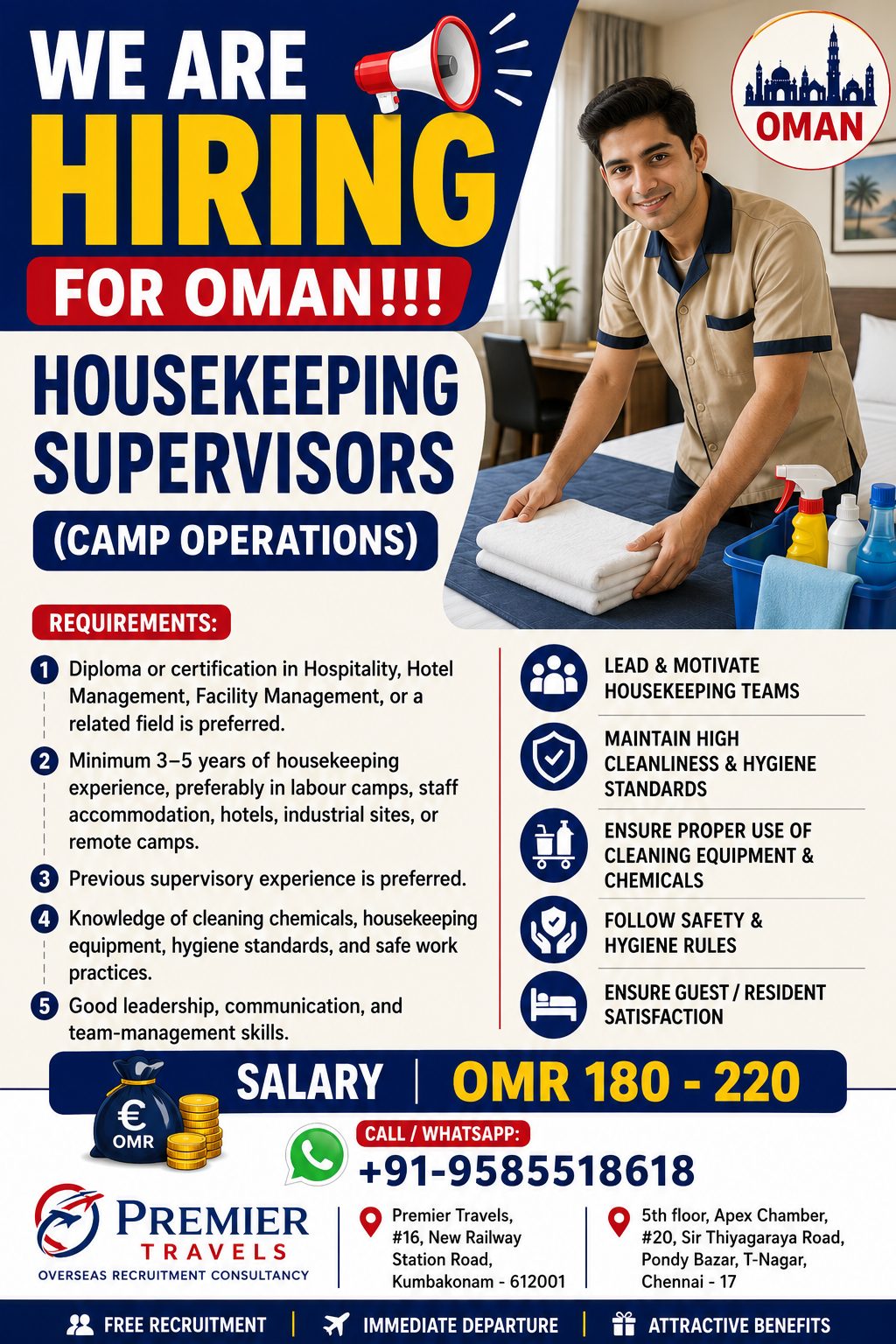 Hiring for OMAN Houskeeping Supervisor — Premier Travels, Oman