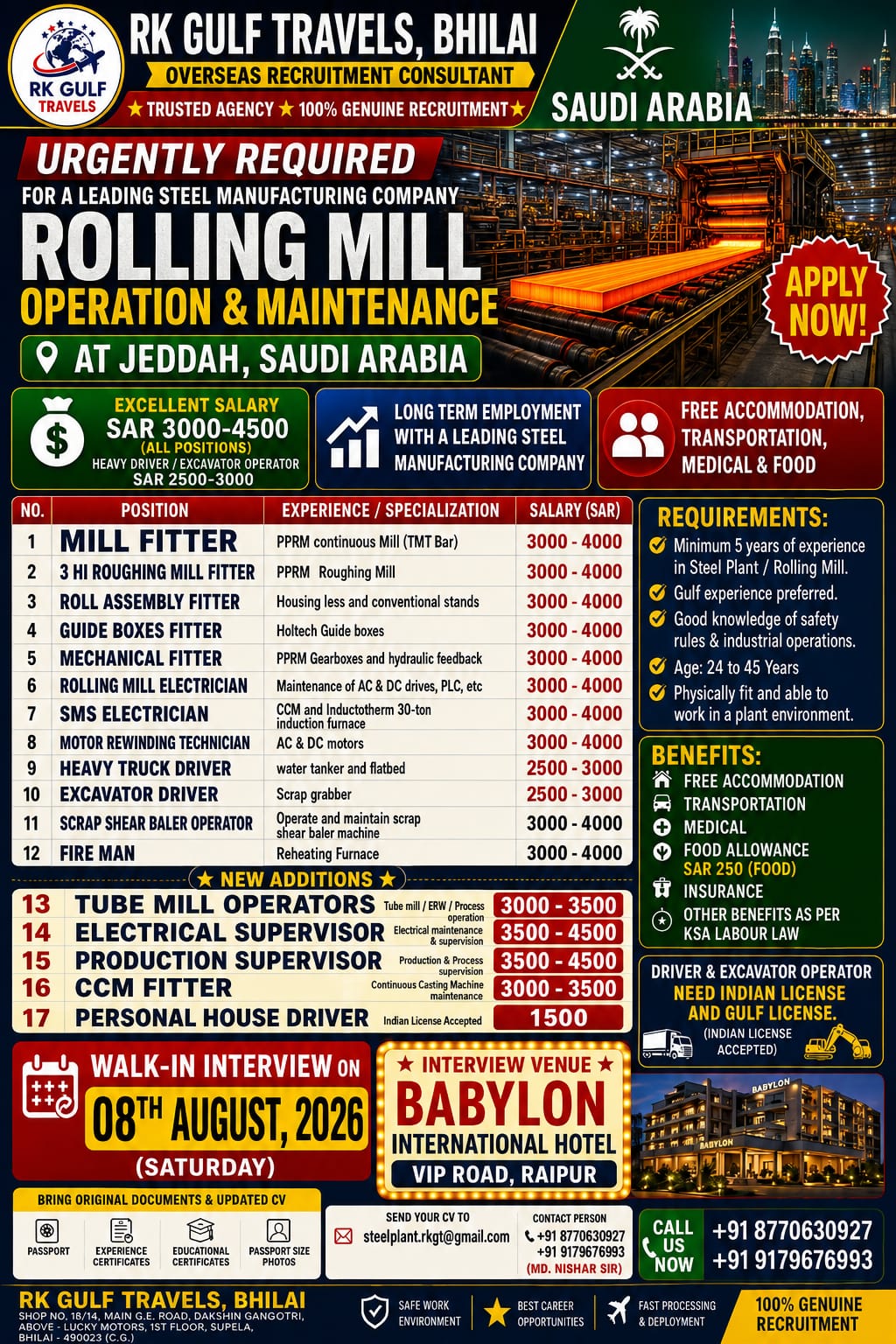 HIRING FOR A LEADING STEEL MANUFACTURING COMPANY - SAUDI ARABIA