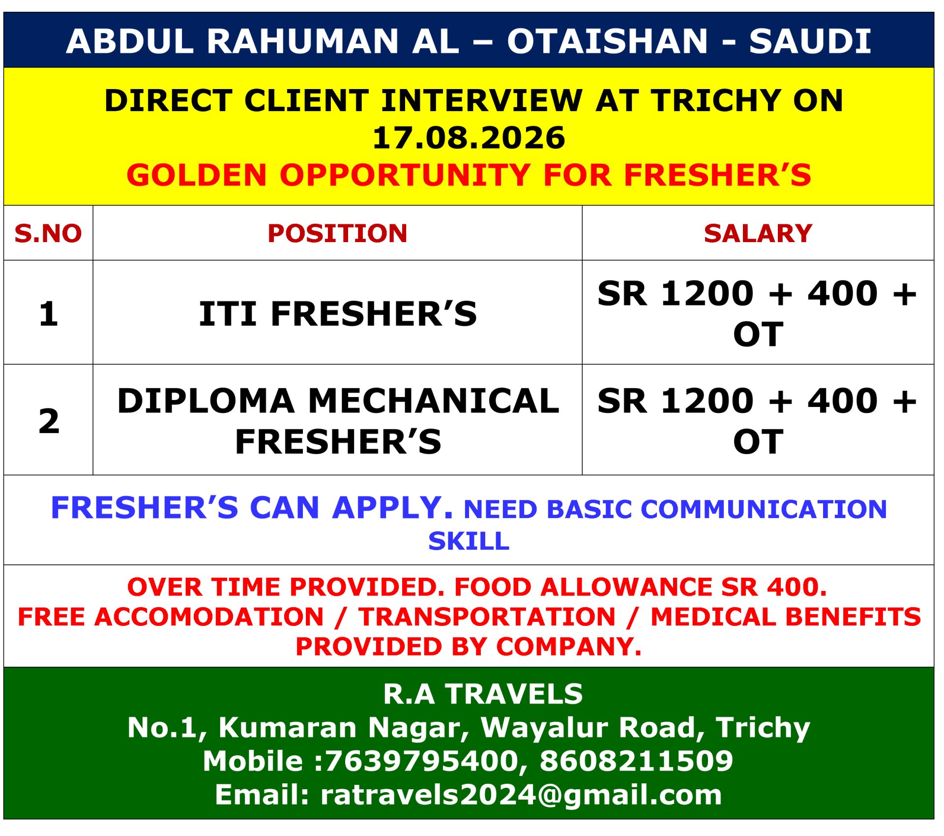 ITI FRESHER / DIPLOMA FRESHER — R.A Travels, SAUDI, SAUDI