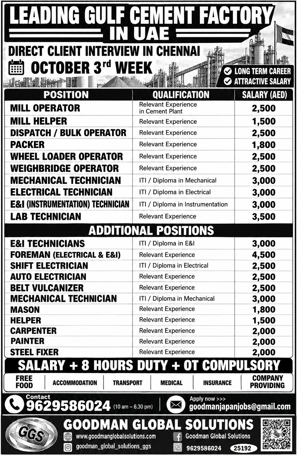 UAE-  Cement Factory Recruitment — GOODMAN GLOBAL SOLUTIONS, UAE, UAE