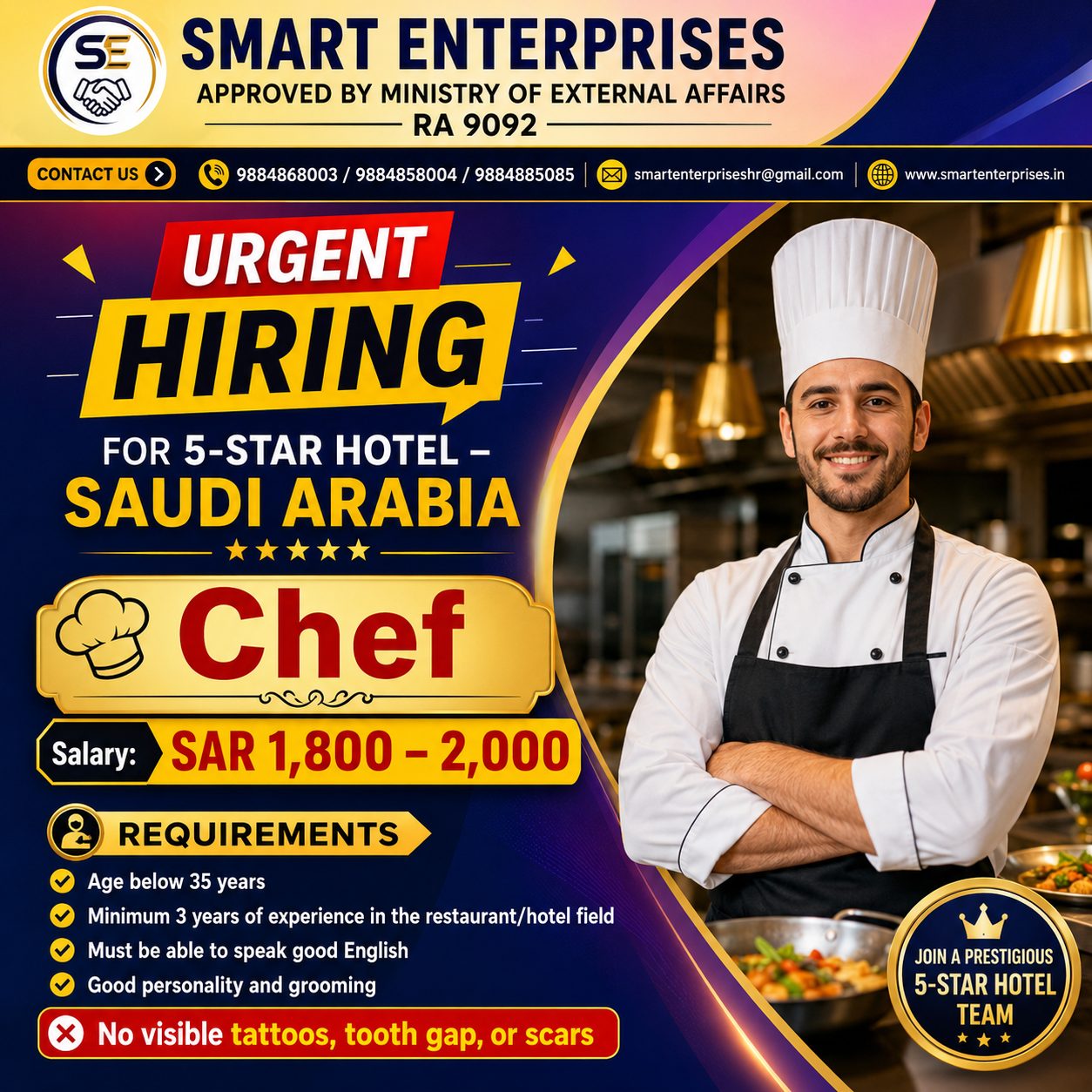 Chef — smartenterpriseshr@gmail.com, SAUDI ARABIA, SAUDI ARABIA