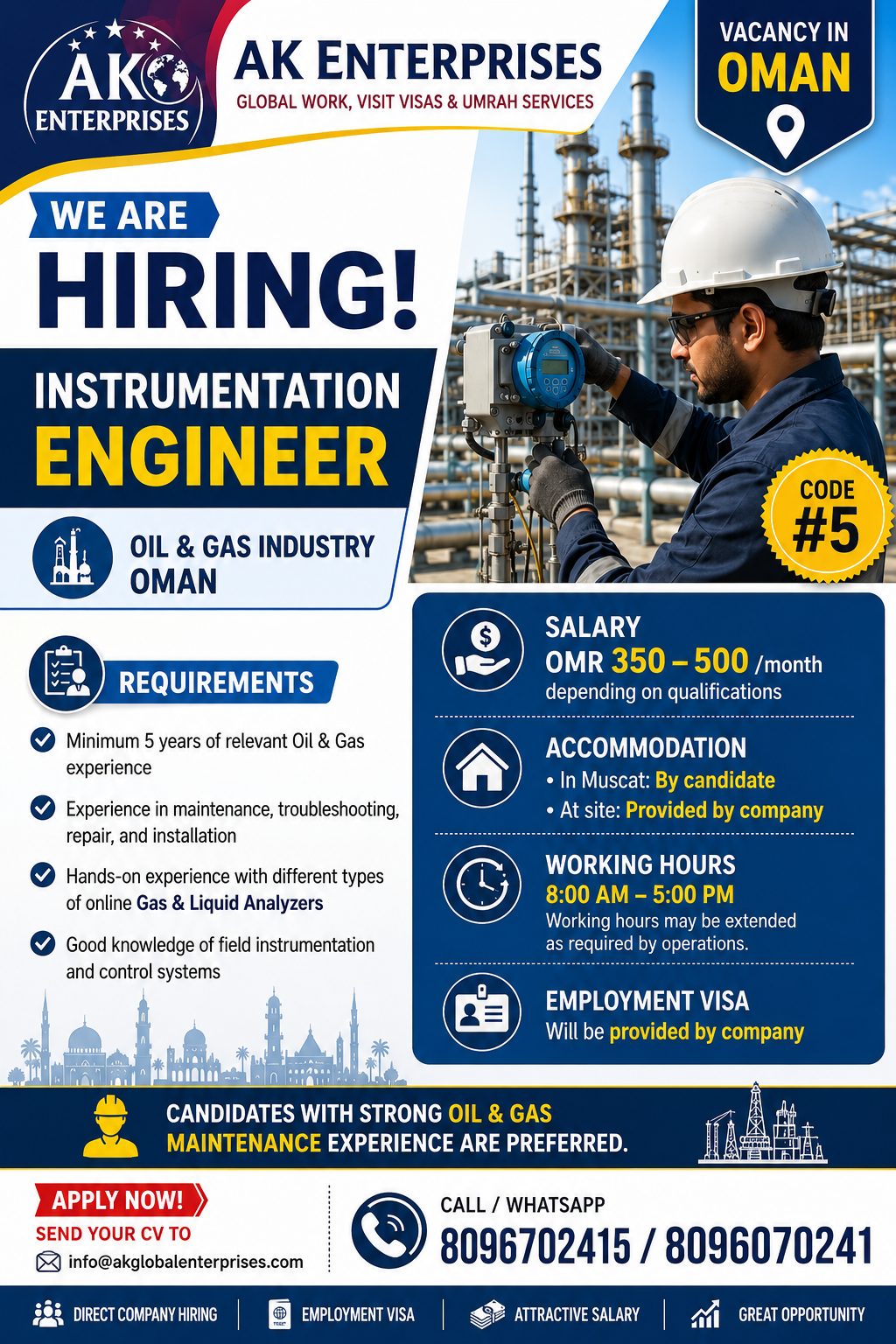 Urgently Hiring-Instrumentation Engineer | Oman  Industry: Oil & Gas