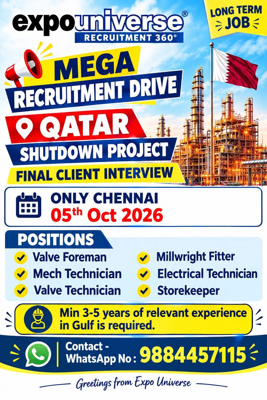Client Interview @ Chennai on 05-10-2026 for Shutdown — EXPO UNIVERSE, Qatar