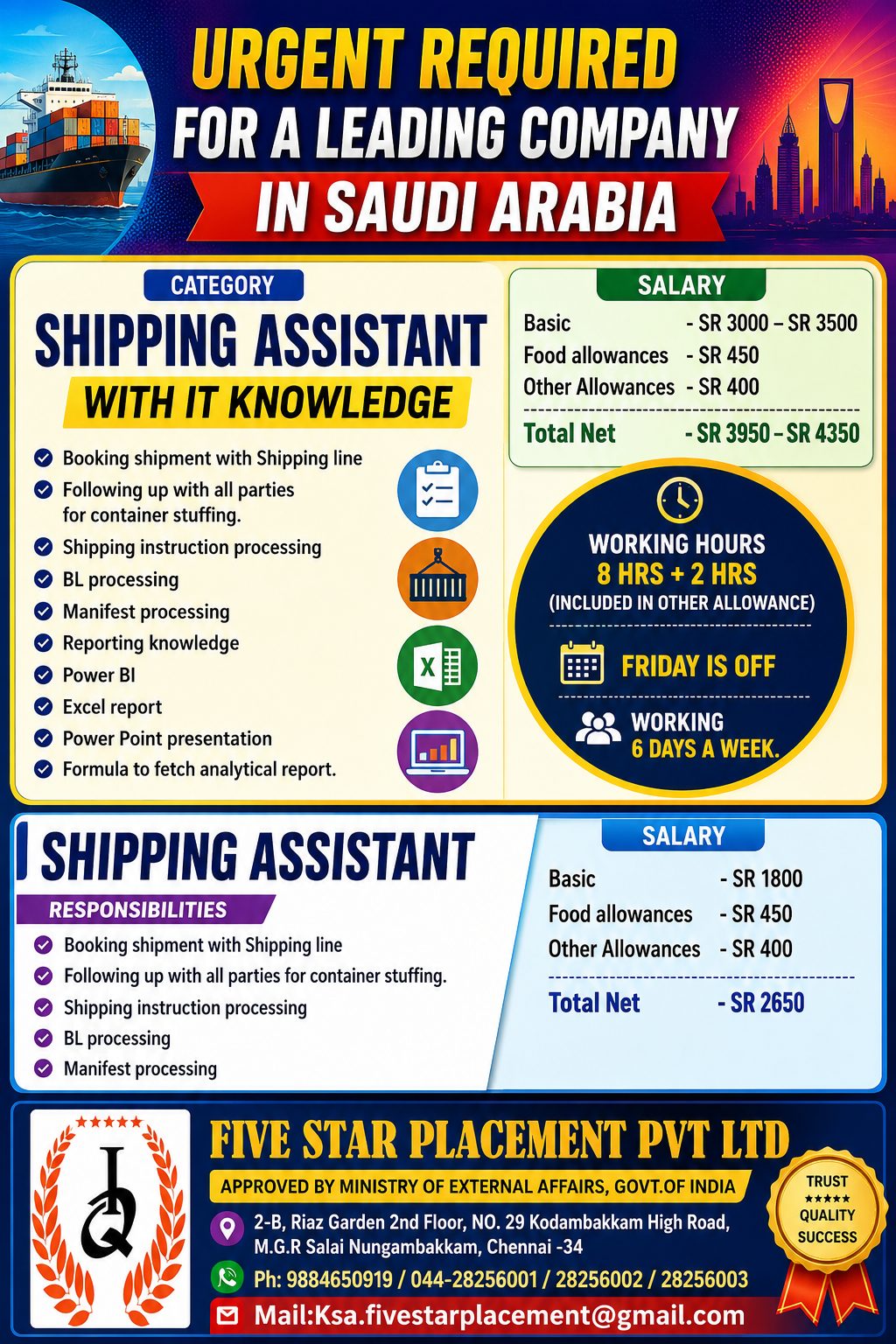 URGENT REQUIREMENT FOR SAUDI ARABIA - SHIPPING ASST — Five Star Placement Pvt Ltd, SAUDI ARABIA, SAUDI ARABIA