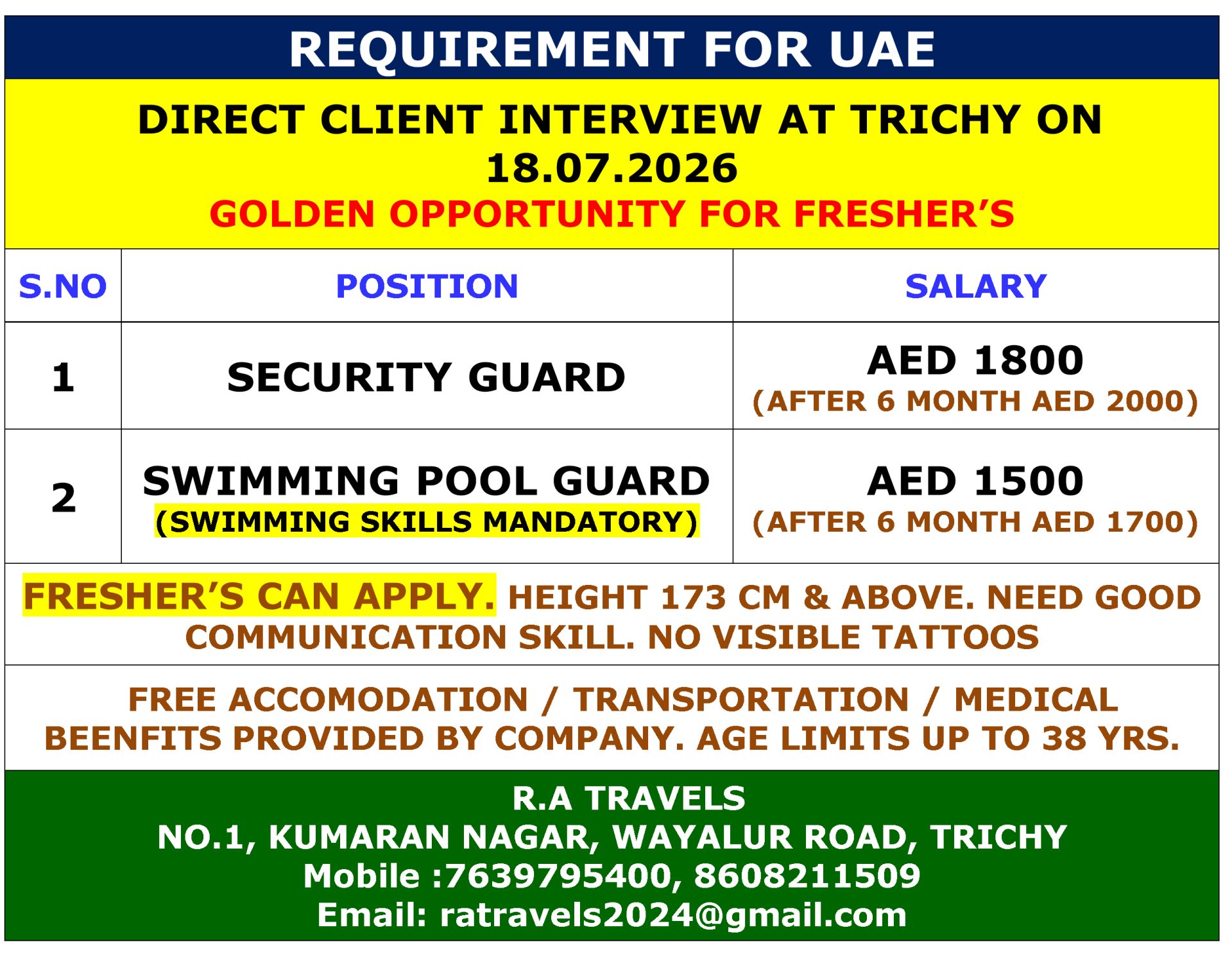 SECURITY GUIARD — R.A Travels, DUBAI, DUBAI