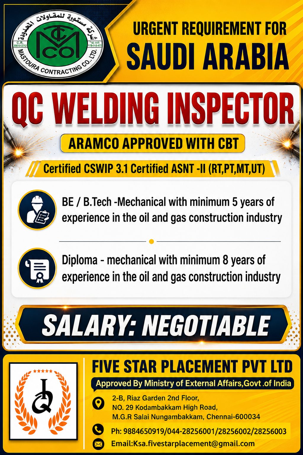 QC WELDING INSPECTOR ARAMCO APPROVED WITH CBT - SAUDI ARABIA