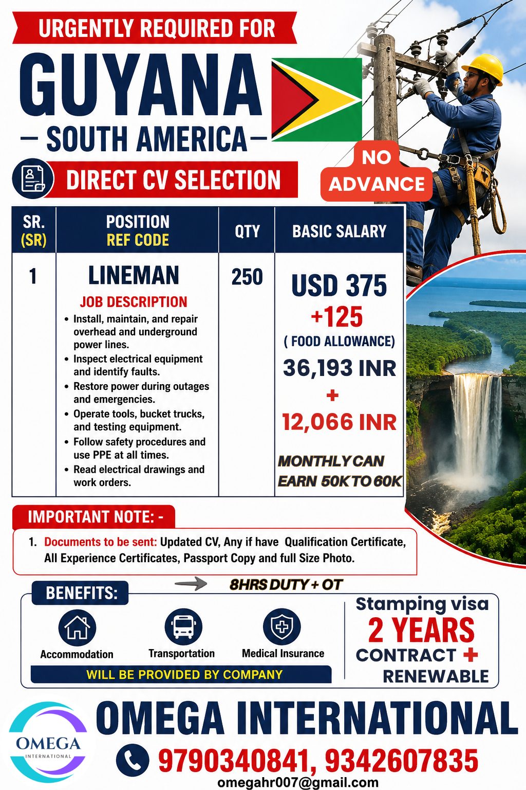 Lineman - Guyana — OMEGA INTERNATIONAL HR SOLUTIONS, Guyana, Guyana