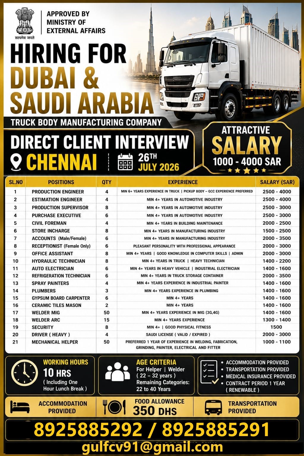 URGENT REQUIREMENT FOR SAUDI ARABIA & DUBAI Truck Body Manufacturing Company - Multiple Positions — MPS INTERNATIONAL, Saudi Arabia, United Arab Emirates, Saudi Arabia, United Arab Emirates