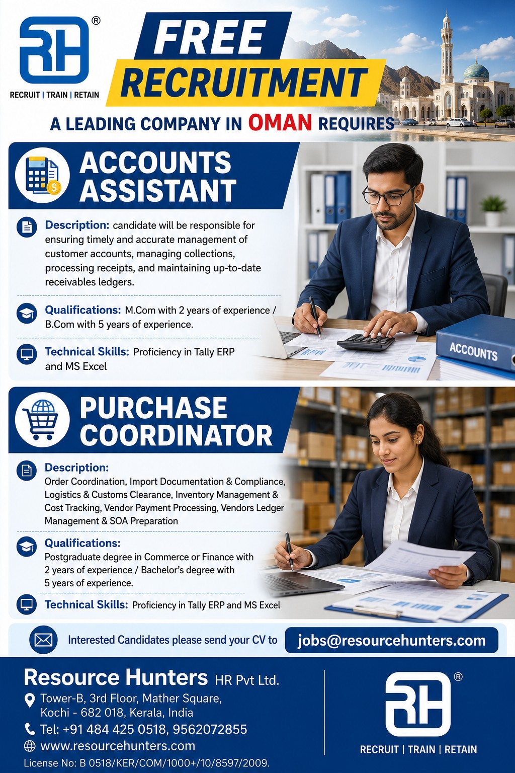 Accounts Assistant, Purchase coordinator — RESOURCE HUNTERS HR PVT LTD, Oman