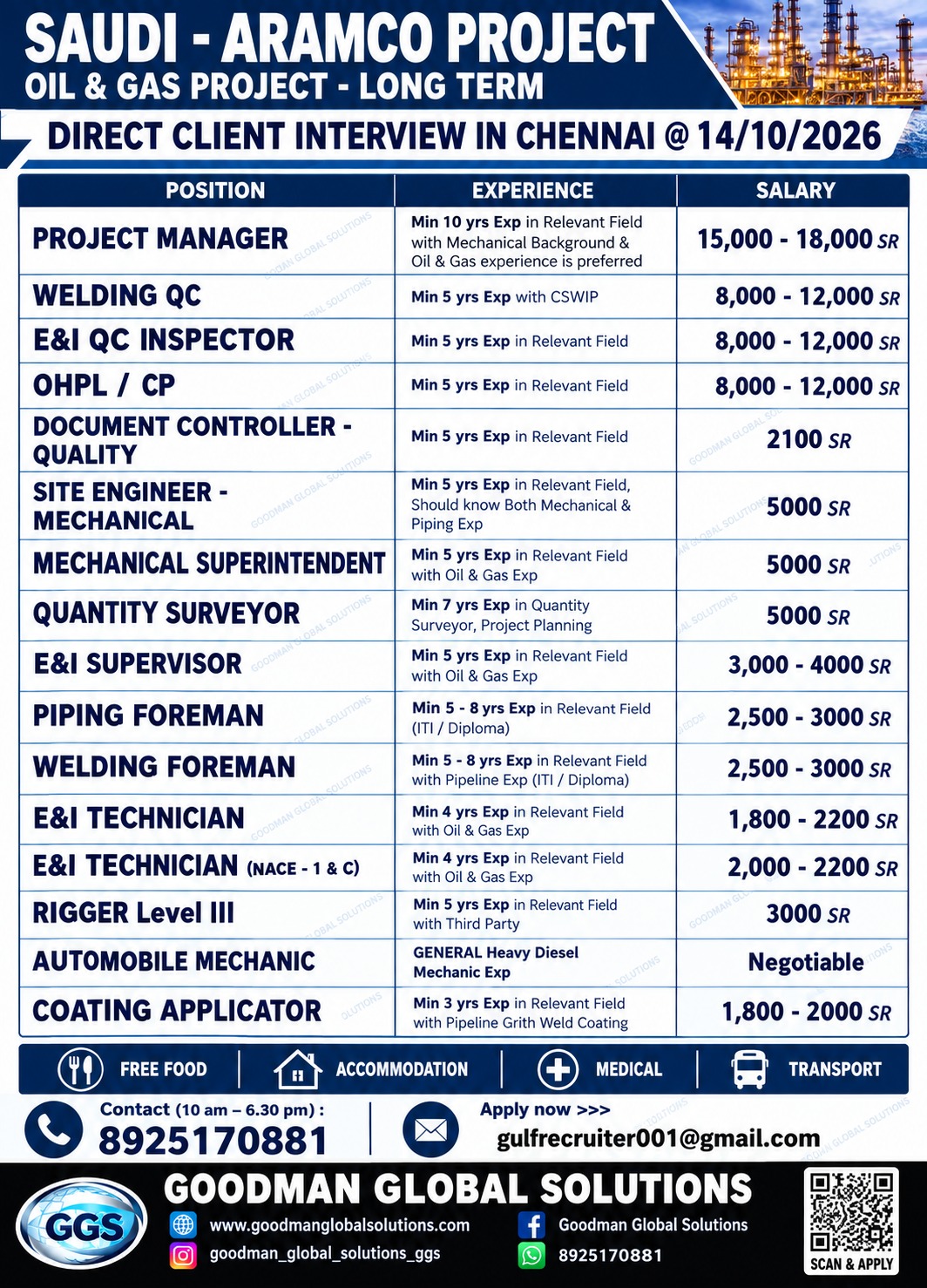 SAUDI ARAMCO PROJECT  DIRECT CLIENT INTERVIEW IN CHENNAI ON 14-10-2026 — GOODMAN GLOBAL SOLUTIONS, Saudi Arabia, Saudi Arabia