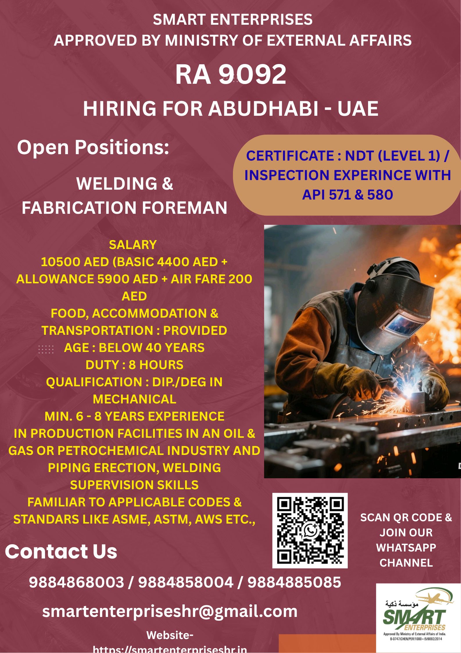 WELDING & FOREMAN FOREMAN — smartenterpriseshr@gmail.com, UAE, UAE