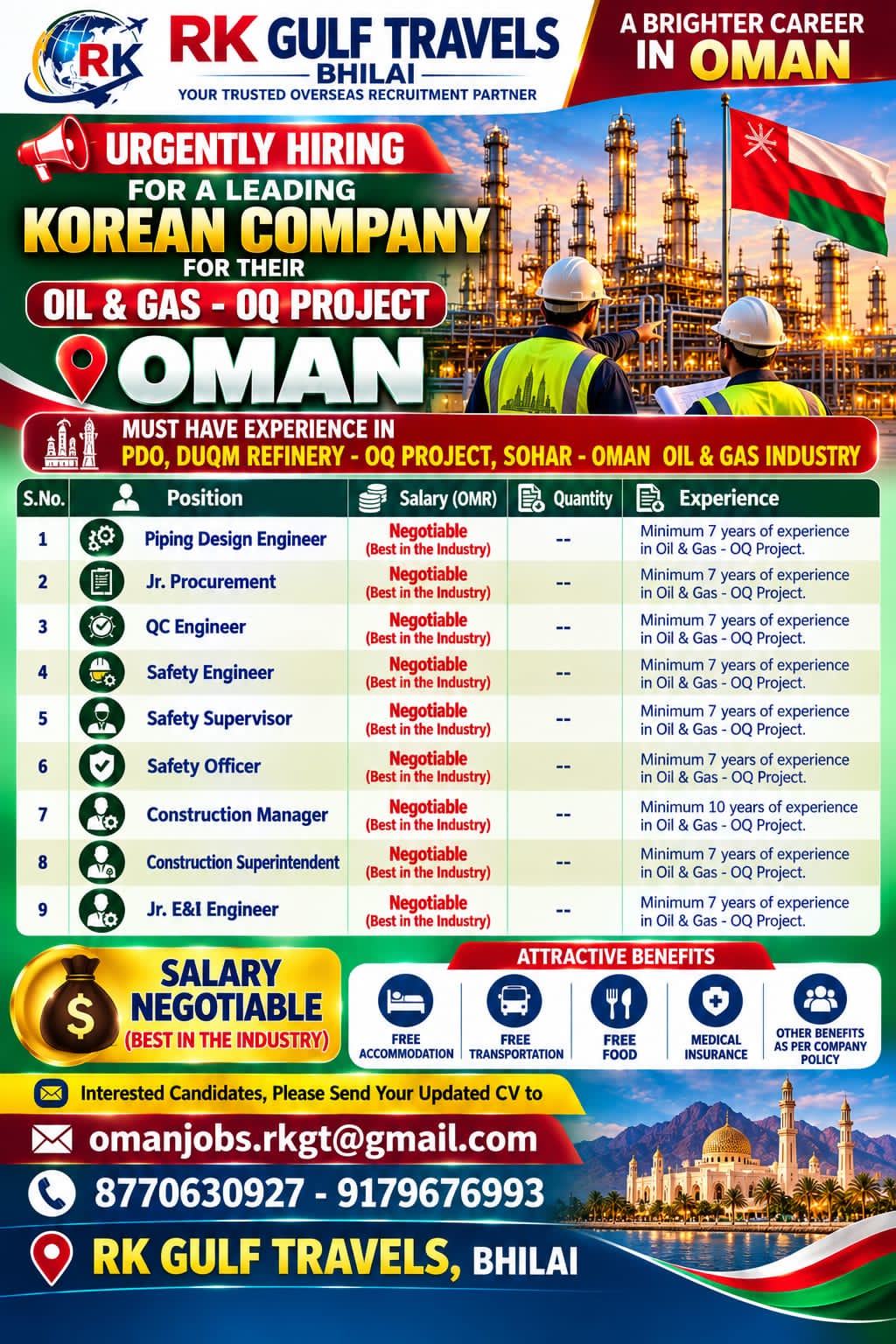 URGENTLY REQUIRED FOR A LEADING KOREAN COMPANY FOR THEIR OIL&GAS, REFINERY PROJECT IN OMAN