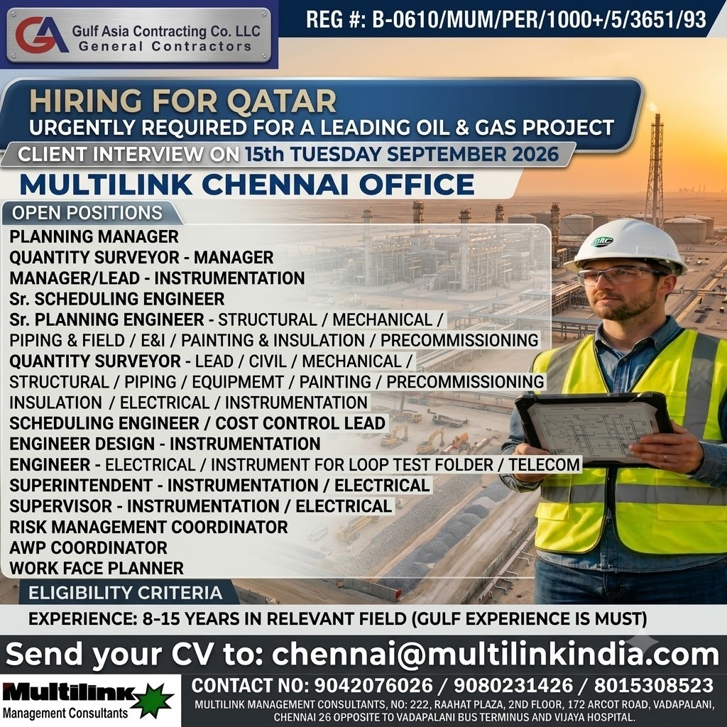 Multiple Positions for Qatar Oil & Gas Project