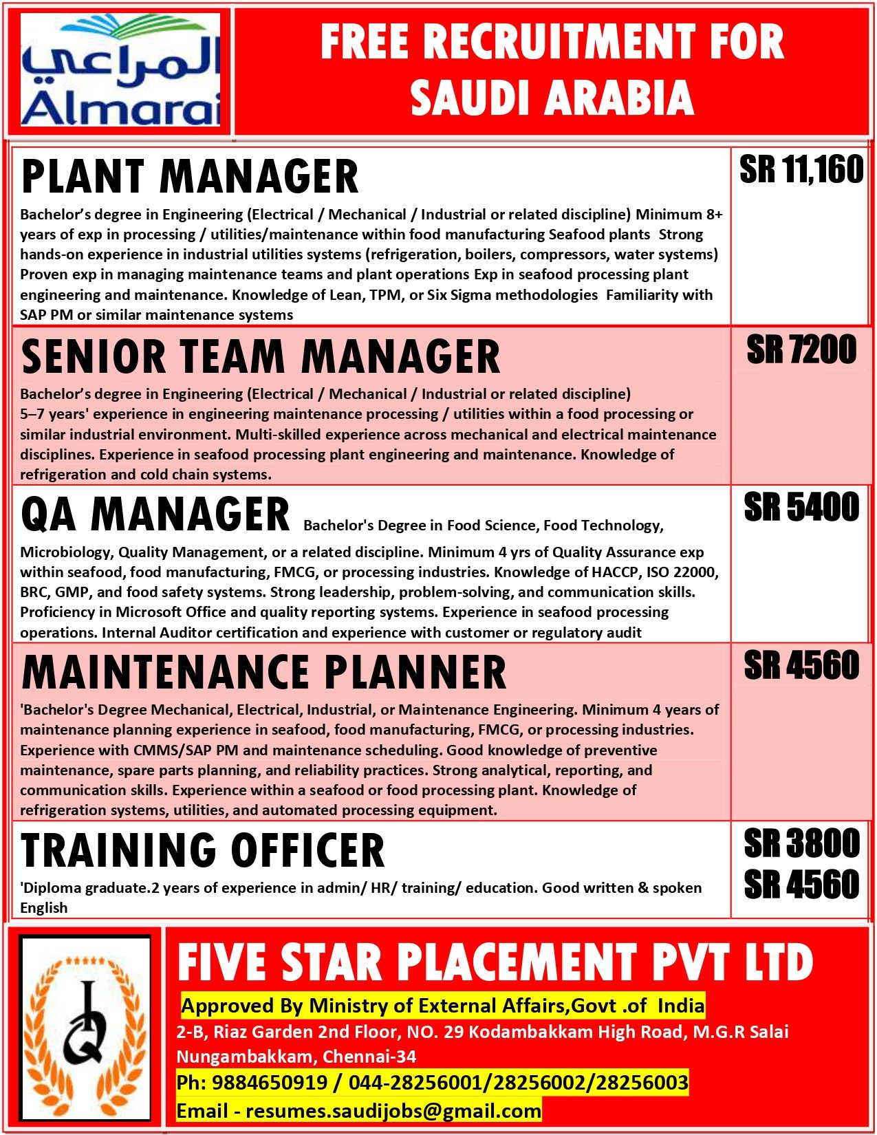FREE RECRUITMENT FOR SAUDI ARABIA- ALMARAI — Five Star Placement Pvt Ltd, SAUDI ARABIA, SAUDI ARABIA