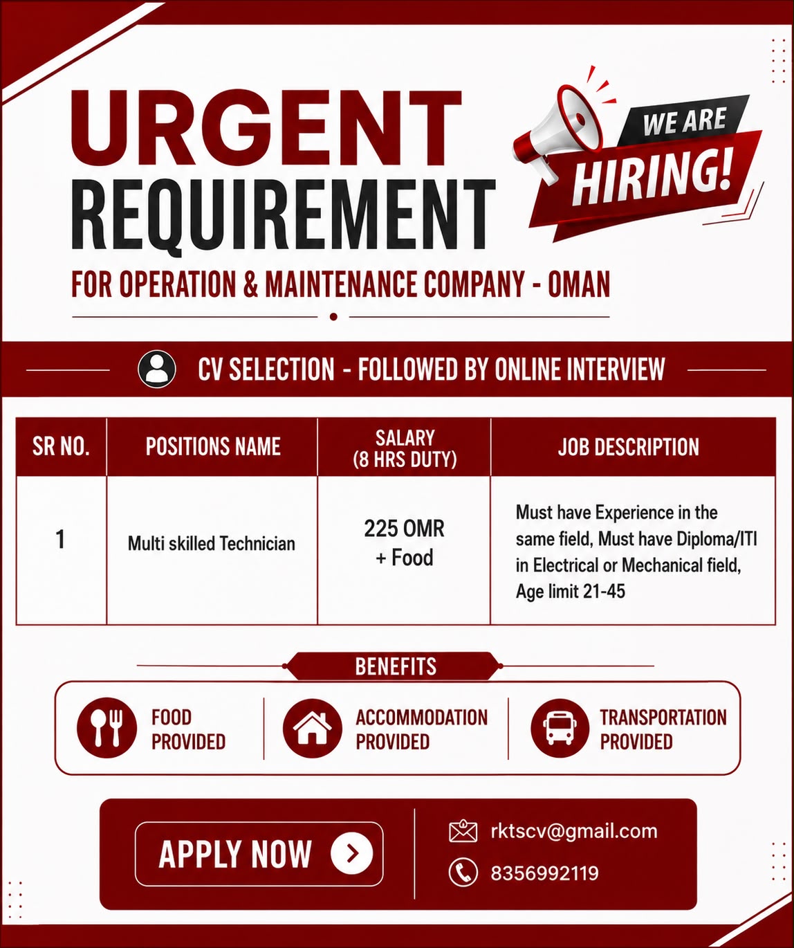 Multi skilled Technician — RK Travel Services, Oman, Oman