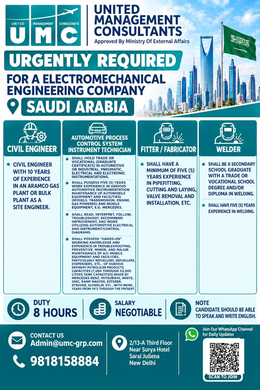 Urgently Required For Electromechanical Engineering Company Saudi Arabia