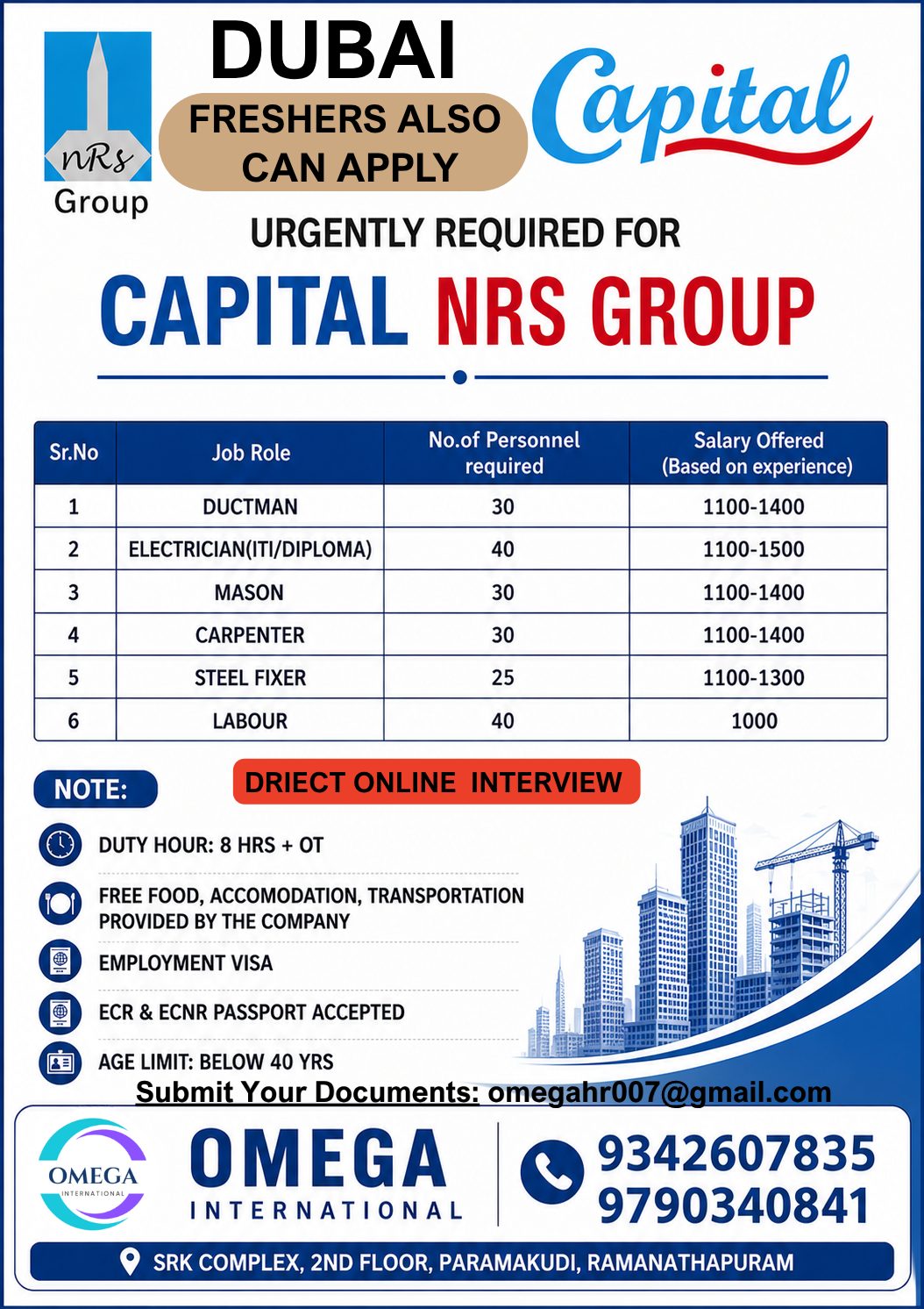 URGENT REQUIRED FOR DUBAI — OMEGA INTERNATIONAL HR SOLUTIONS, DUBAI, DUBAI