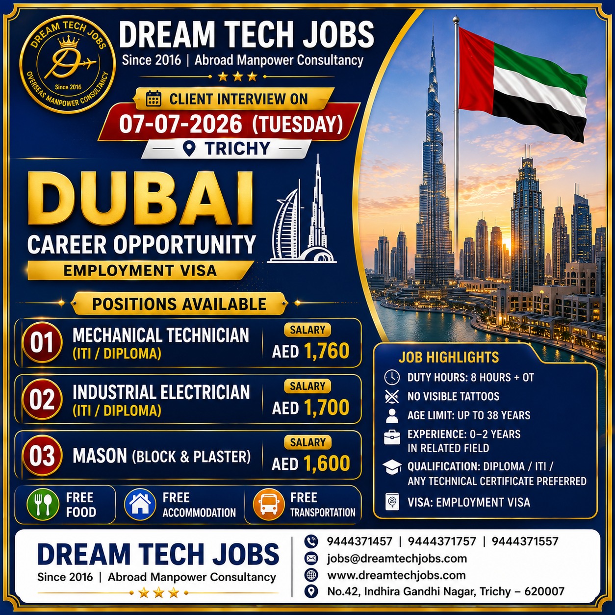 Dubai Career Opportunity — Dream Tech Jobs - Trichy, United Arab Emirates, United Arab Emirates