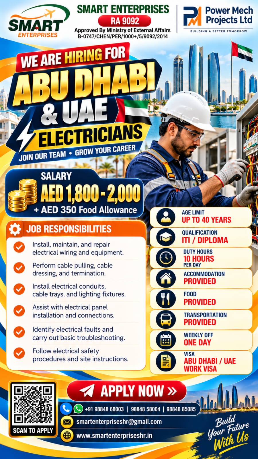 ELECTRICIANS — smartenterpriseshr@gmail.com, Abu Dhabi, UAE, Abu Dhabi, UAE
