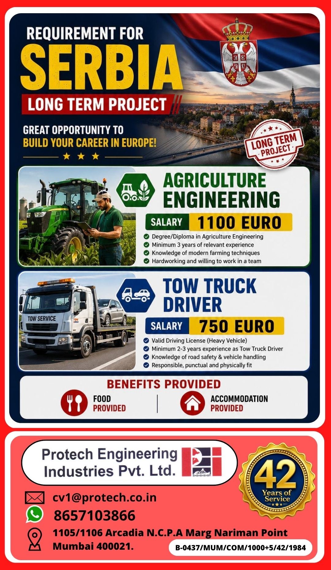 Requirement for Serbia Long Term Project — Protech Engineering Industries Pvt Ltd, Serbia, Serbia