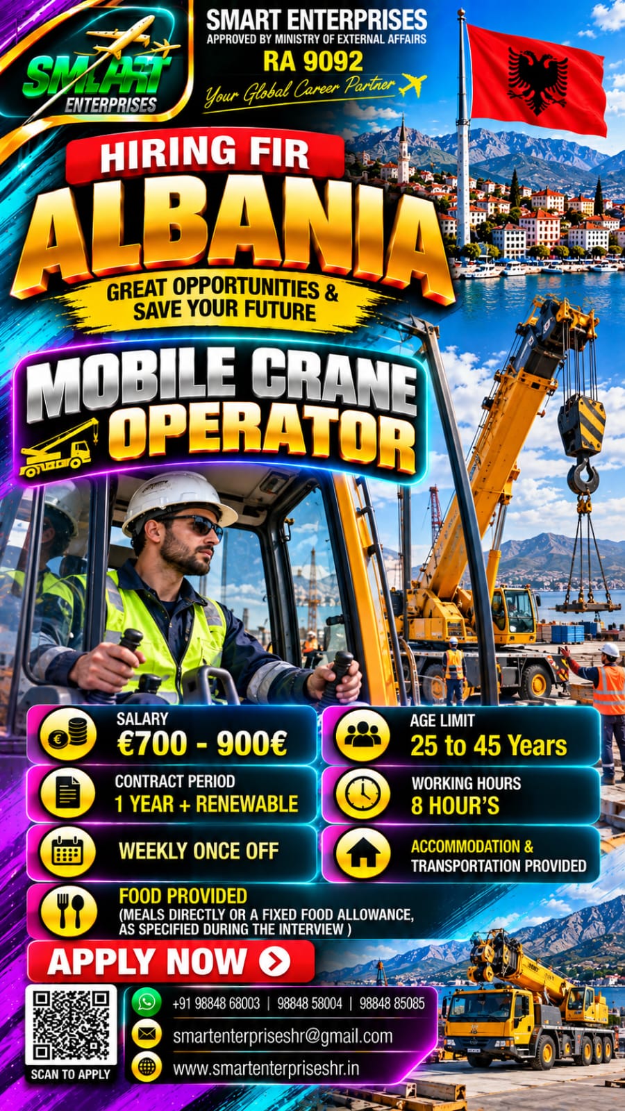 MOBILE CRANE OPERATOR — smartenterpriseshr@gmail.com, ALBANIA