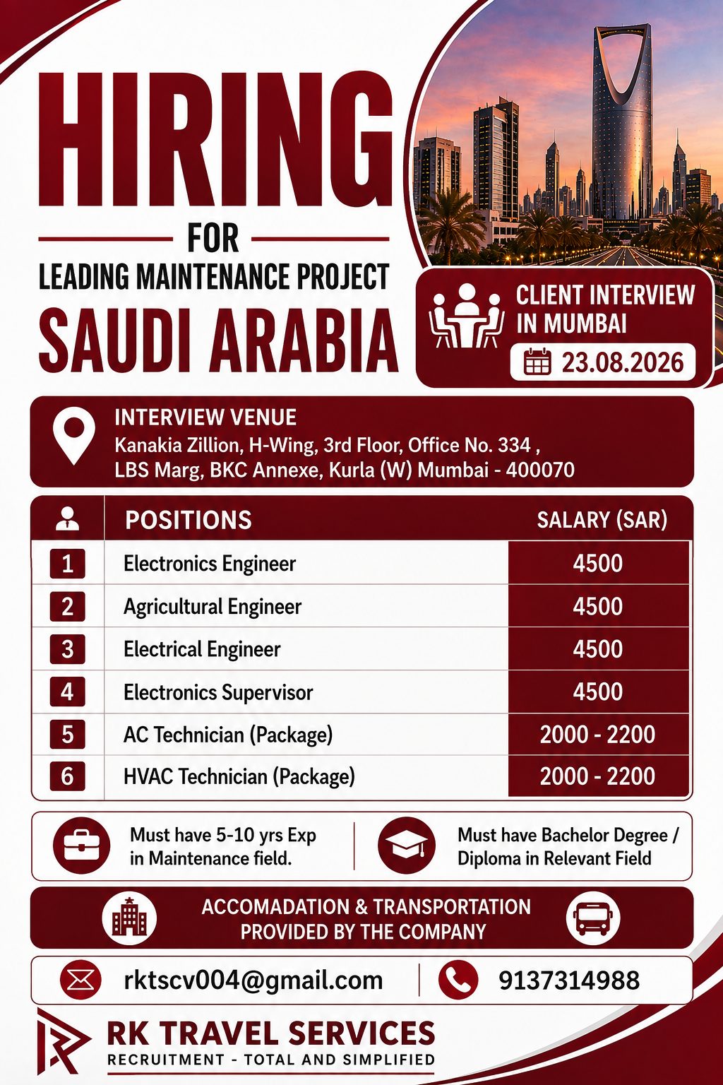 Hiring for Leading Maintenance Project Saudi Arabia — RK Travel Services, Saudi Arabia, Saudi Arabia
