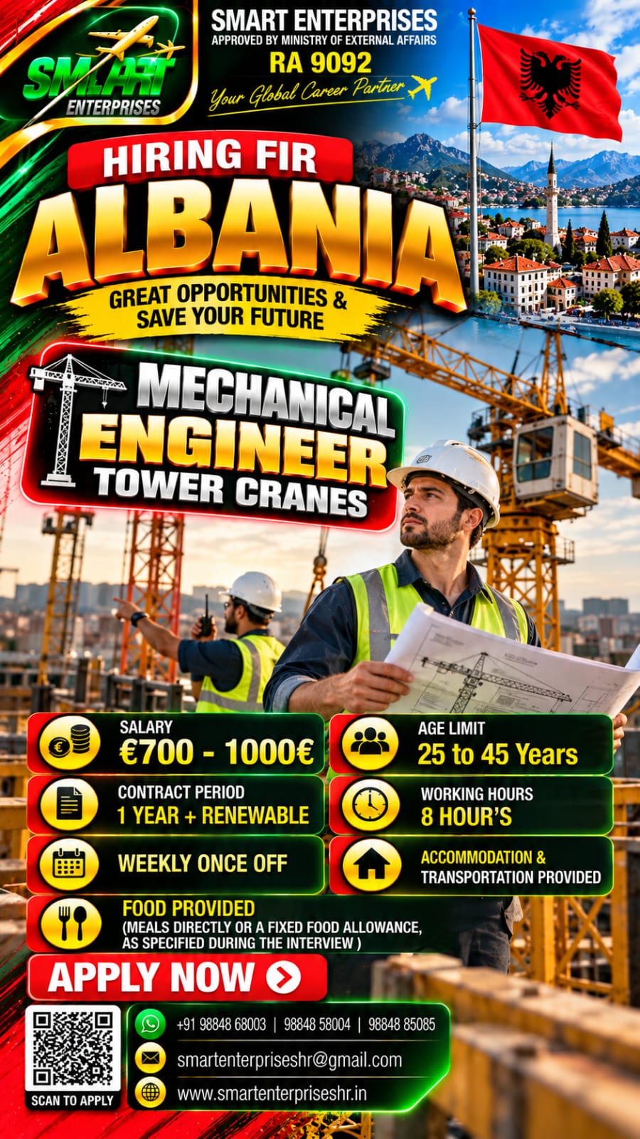 MECHANICAL ENGINEER TOWER CRANES — smartenterpriseshr@gmail.com, ALBANIA
