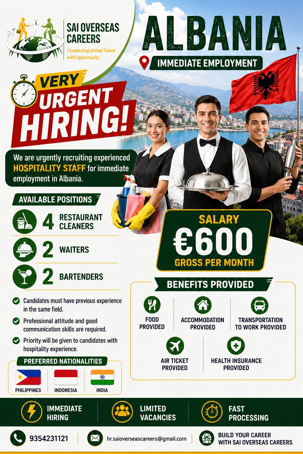 VERY URGENT HIRING – HOSPITALITY STAFF FOR ALBANIA