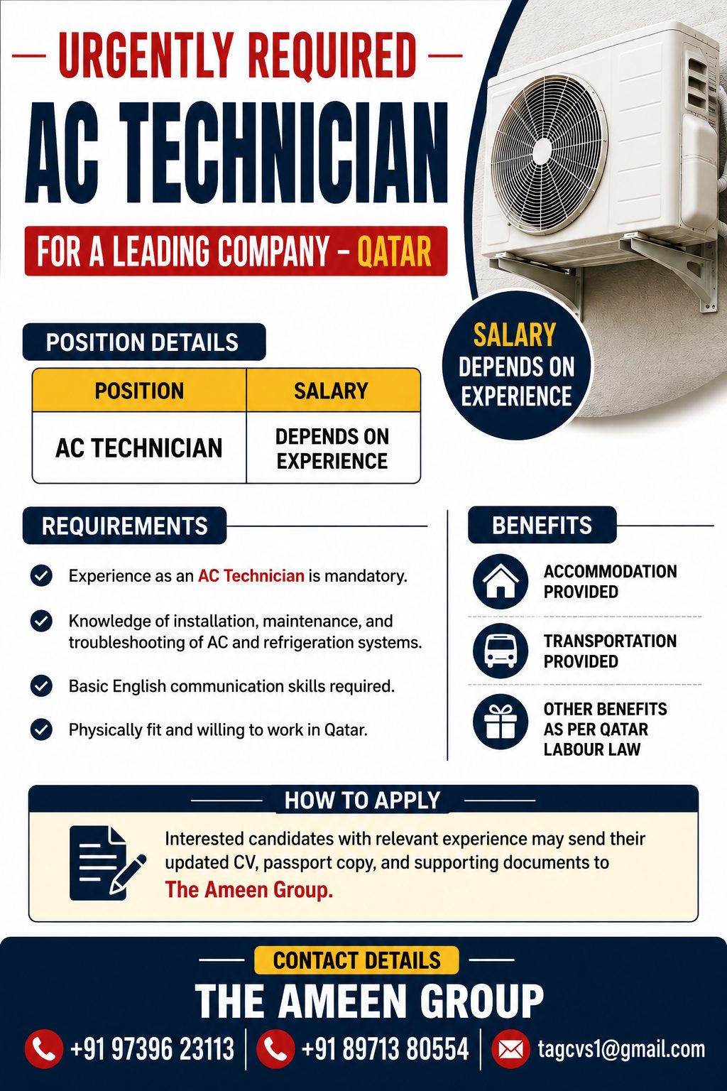 Urgently Required – AC Technician – Qatar