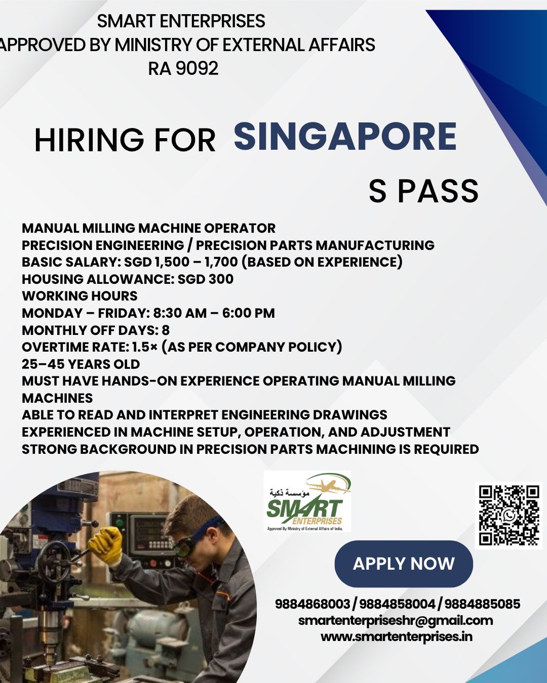Manual Milling Machine Operator — smartenterpriseshr@gmail.com, SINGAPORE, SINGAPORE
