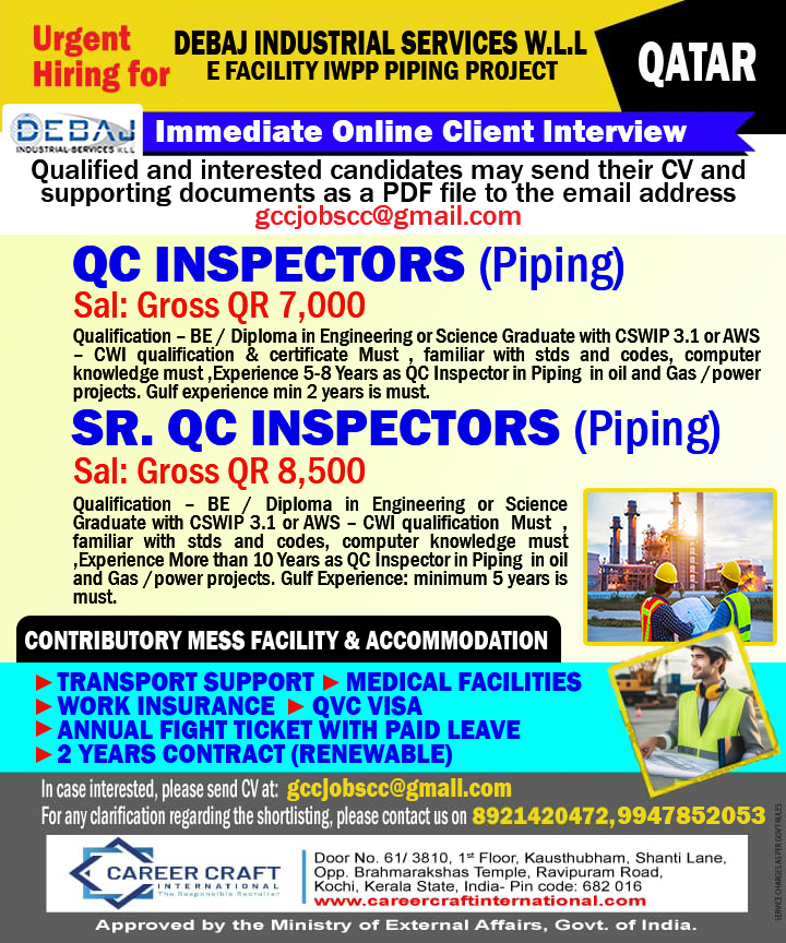 Urgent requirement of QC Inspectors for Qatar -
