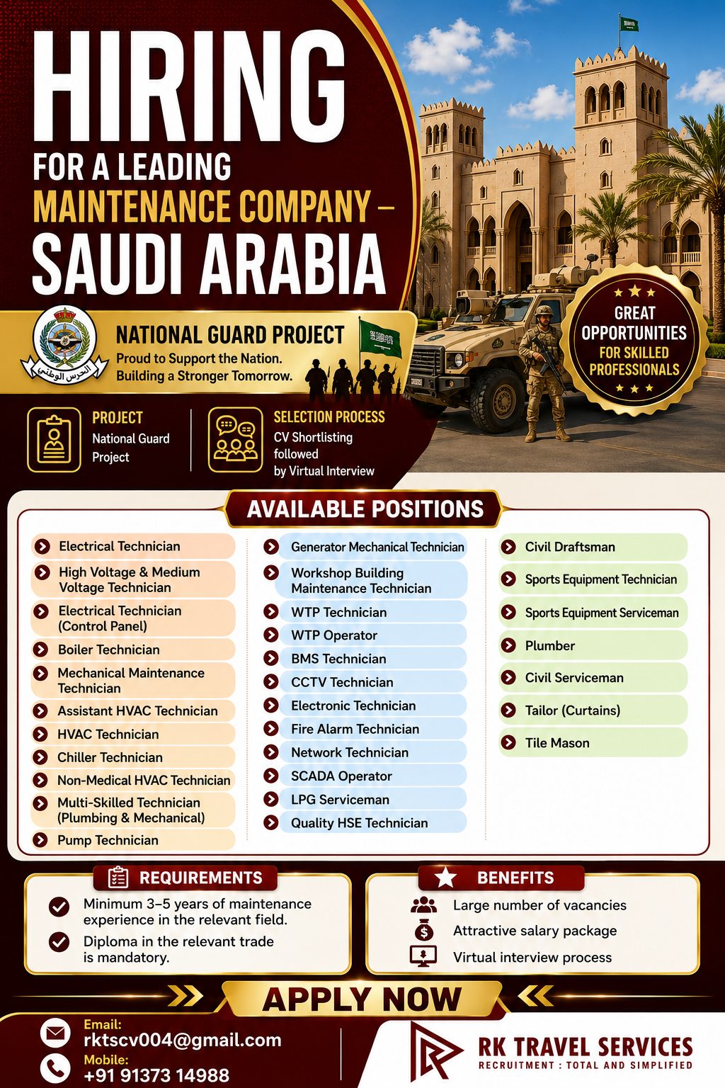 National Guard Project - Maintenance Positions — RK Travel Services, Saudi Arabia