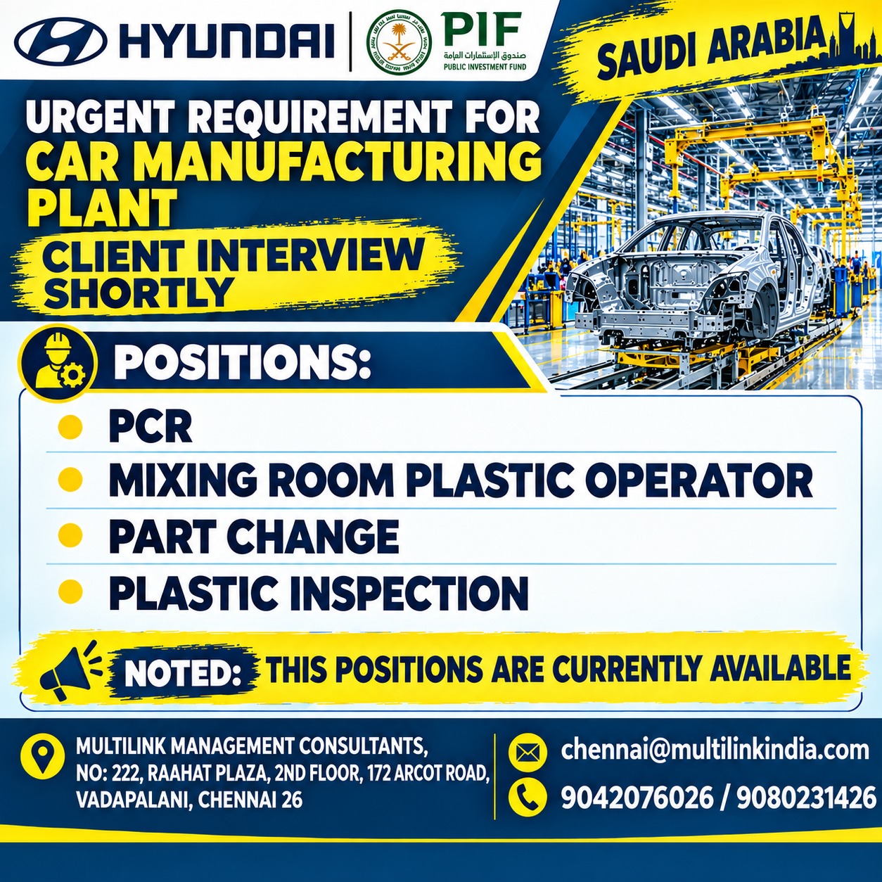 Urgent Requirement for Car Manufacturing Plant