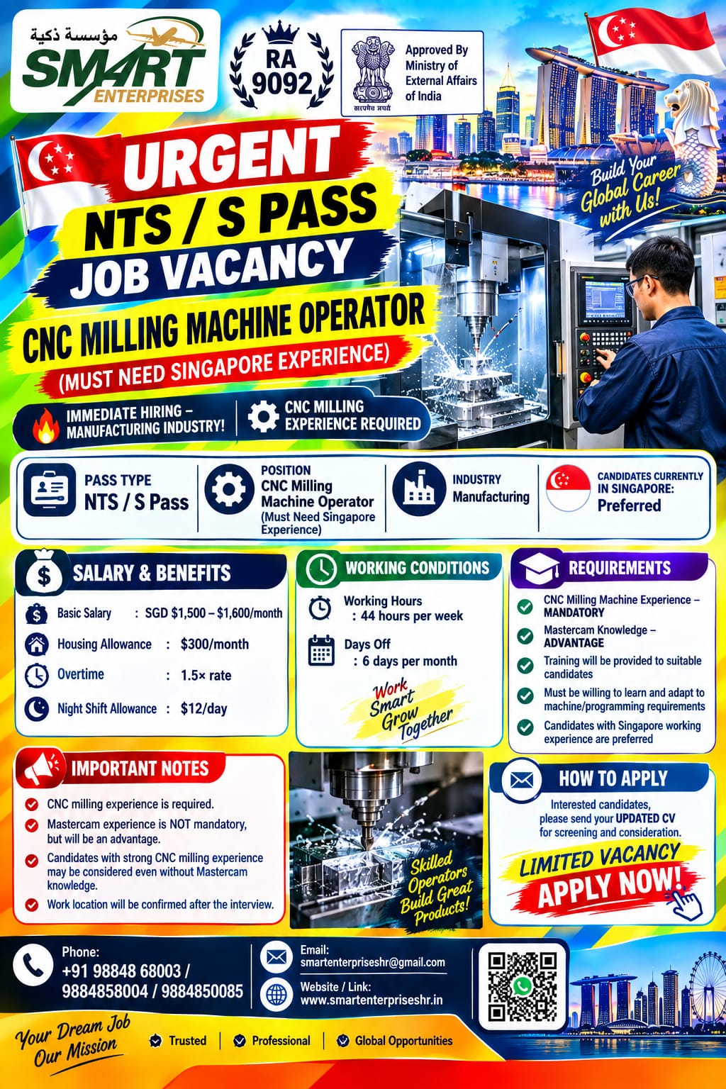 REQUIRES CNC MILLING MACHINE OPERATOR — smartenterpriseshr@gmail.com, SINGAPORE, SINGAPORE