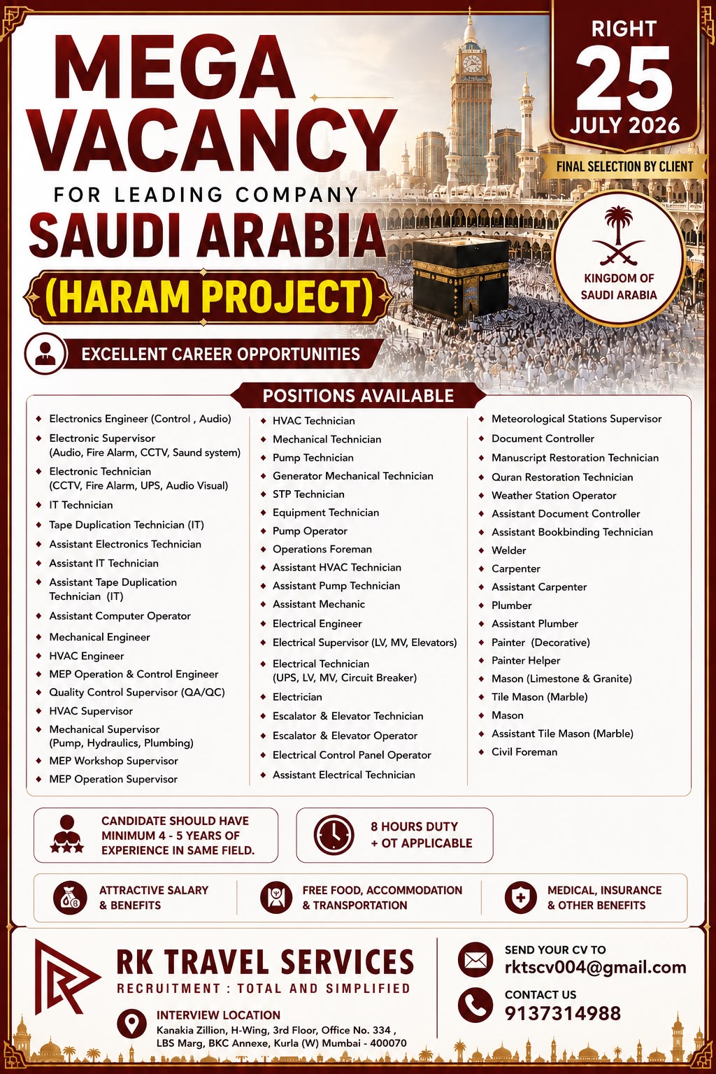 Mega Vacancy - Haram Project — RK Travel Services, Saudi Arabia