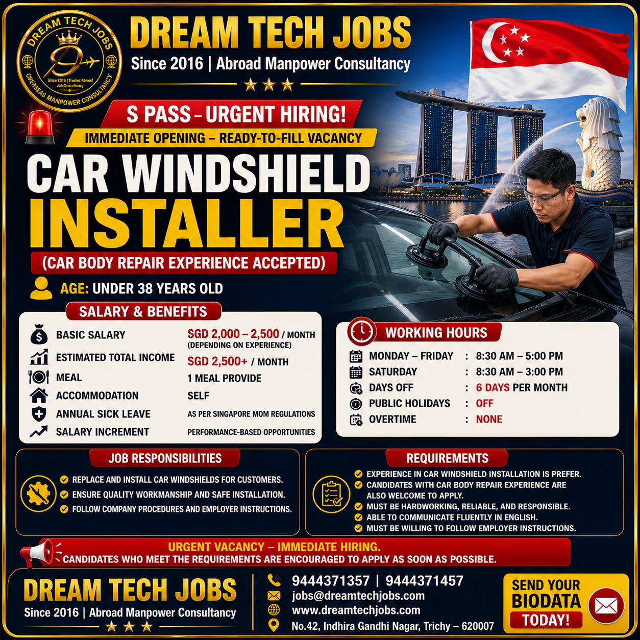 Car Windshield Installer — DREAM TECH JOBS -TRICHY, Singapore, Singapore