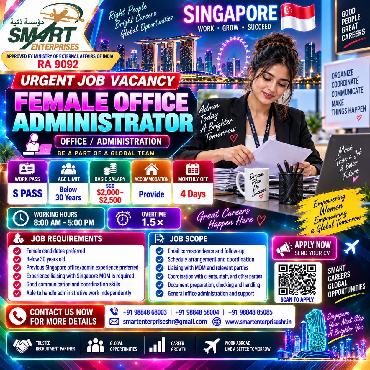 FEMALE OFFICE ADMINISTRATOR — smartenterpriseshr@gmail.com, SINGAPORE
