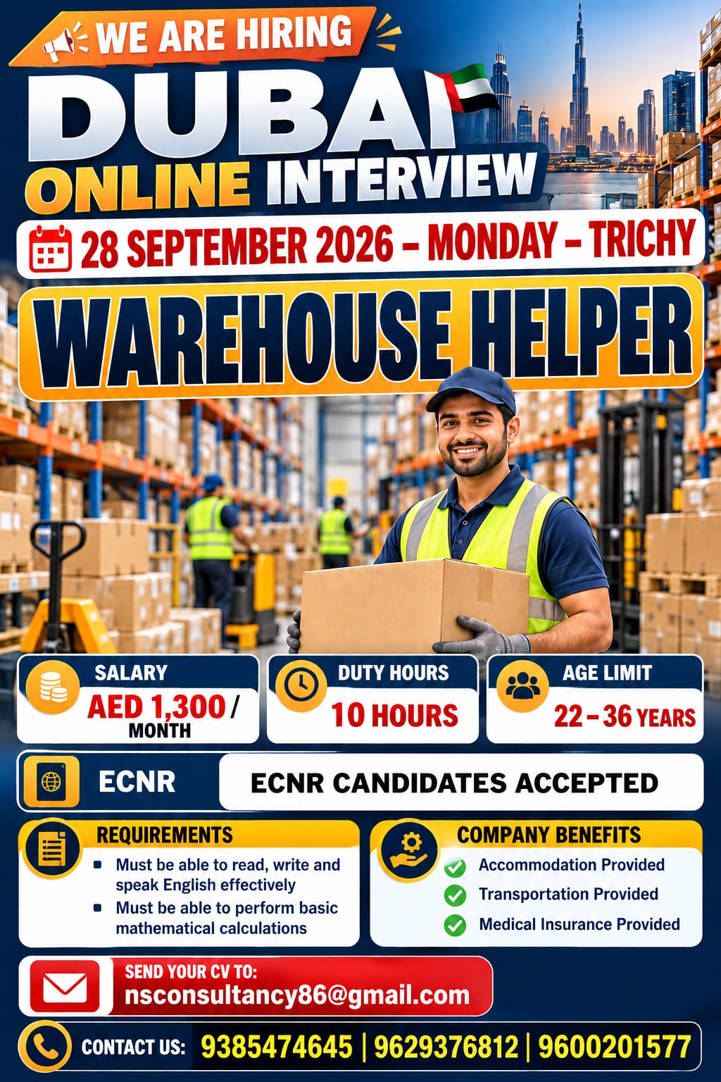 Dubai Warehouse Helper Jobs | Online Interview Trichy | AED 1,300 Salary