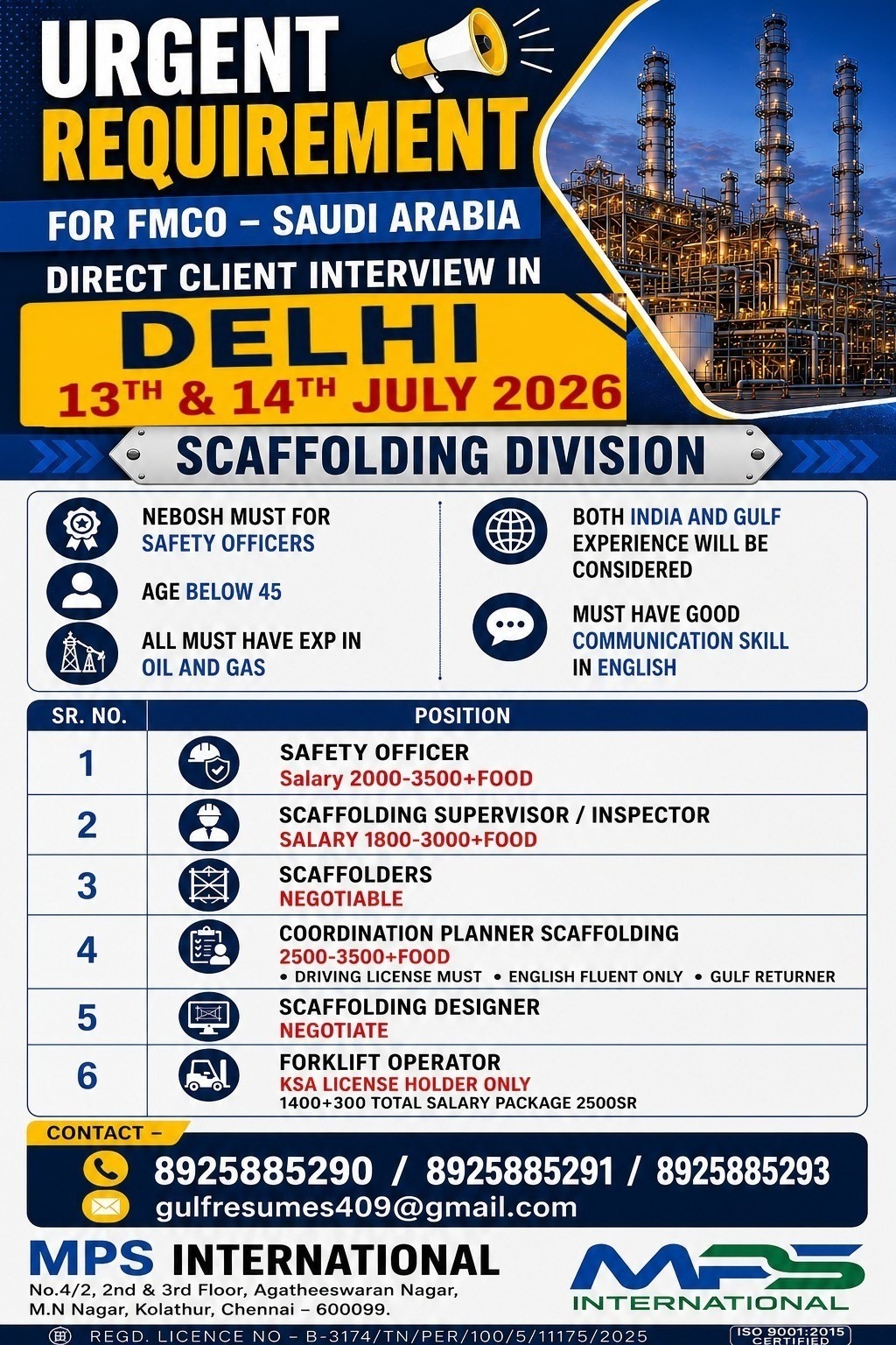 Urgent Requirement for FMCO – Saudi Arabia DIRECT CLIENT INTERVIEW IN DELHI — MPS INTERNATIONAL, Saudi Arabia, Saudi Arabia