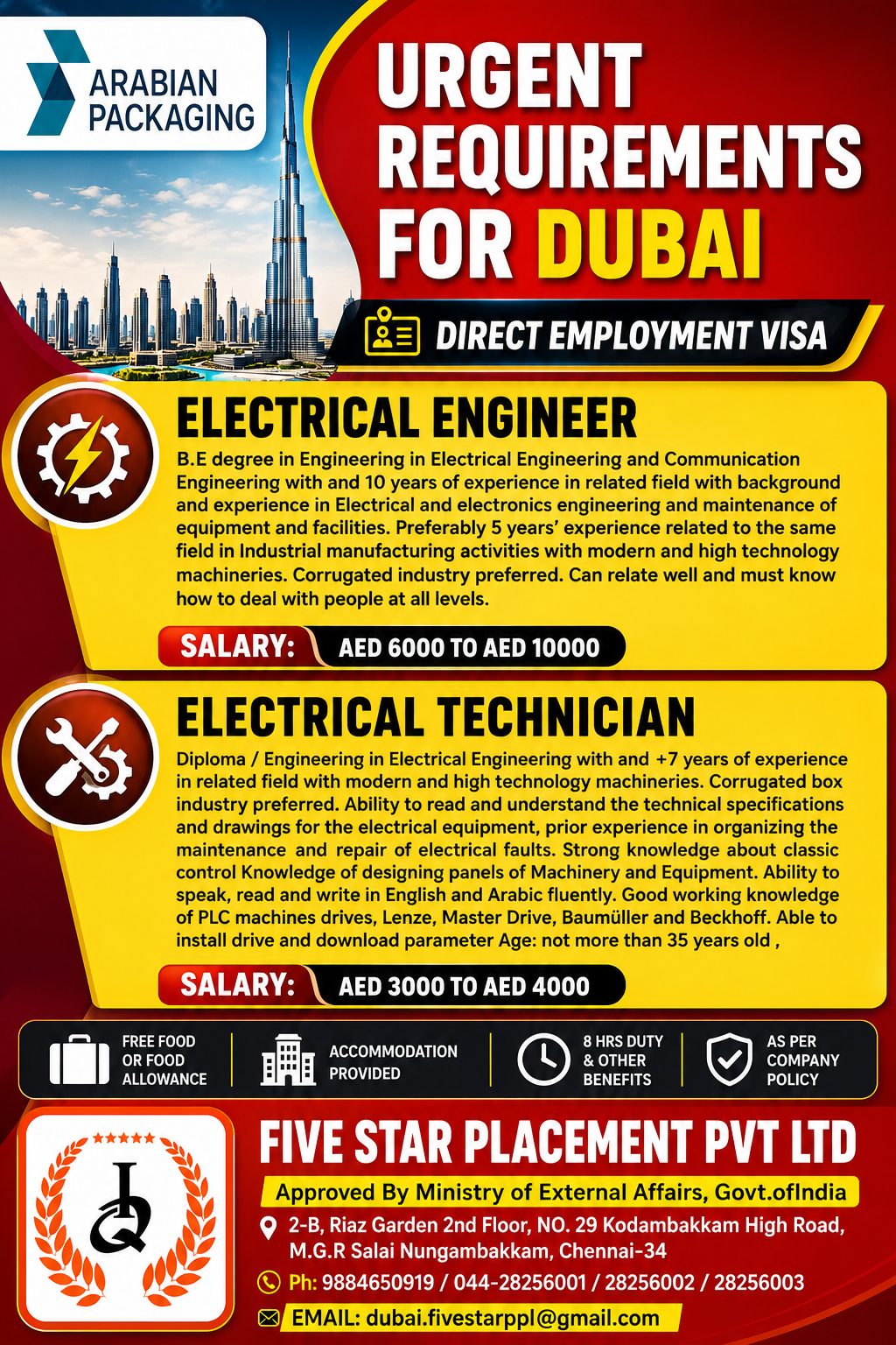 URGENT REQUIREMENTS FOR DUBAI -DIRECT EMPLOYMENT VISA