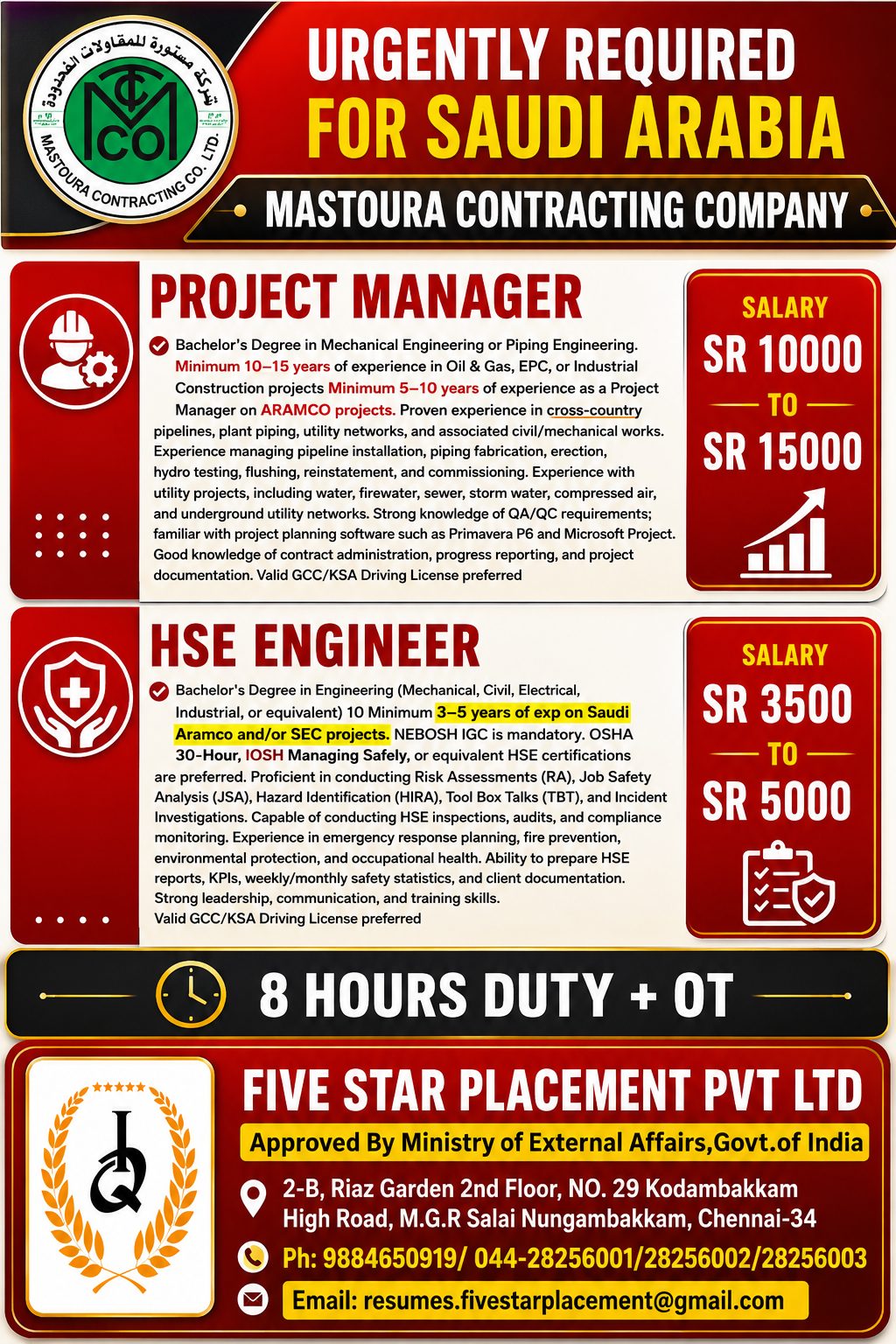 MASTOURA CONTRACTING COMPANY - KSA - ONLINE INTERVIEW — Five Star Placement Pvt Ltd, SAUDI ARABIA, SAUDI ARABIA